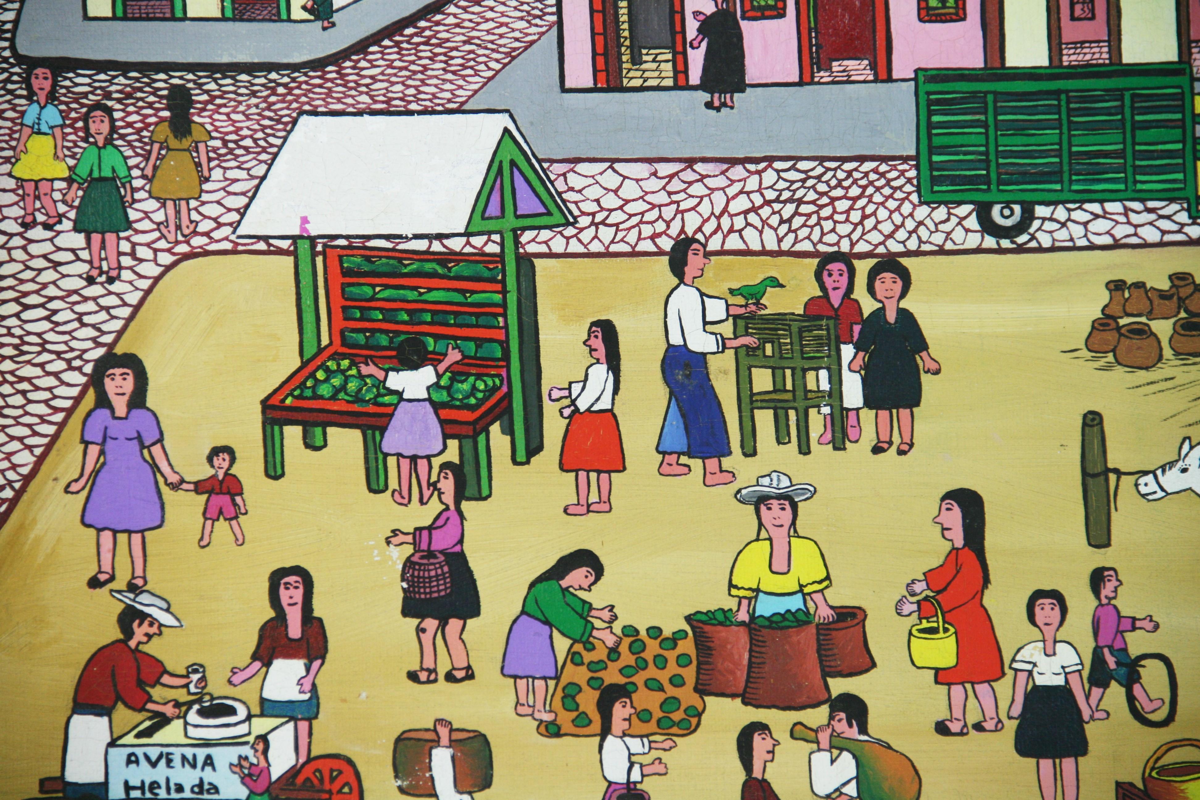 Primative South American Market Square Figurative Painting For Sale 12