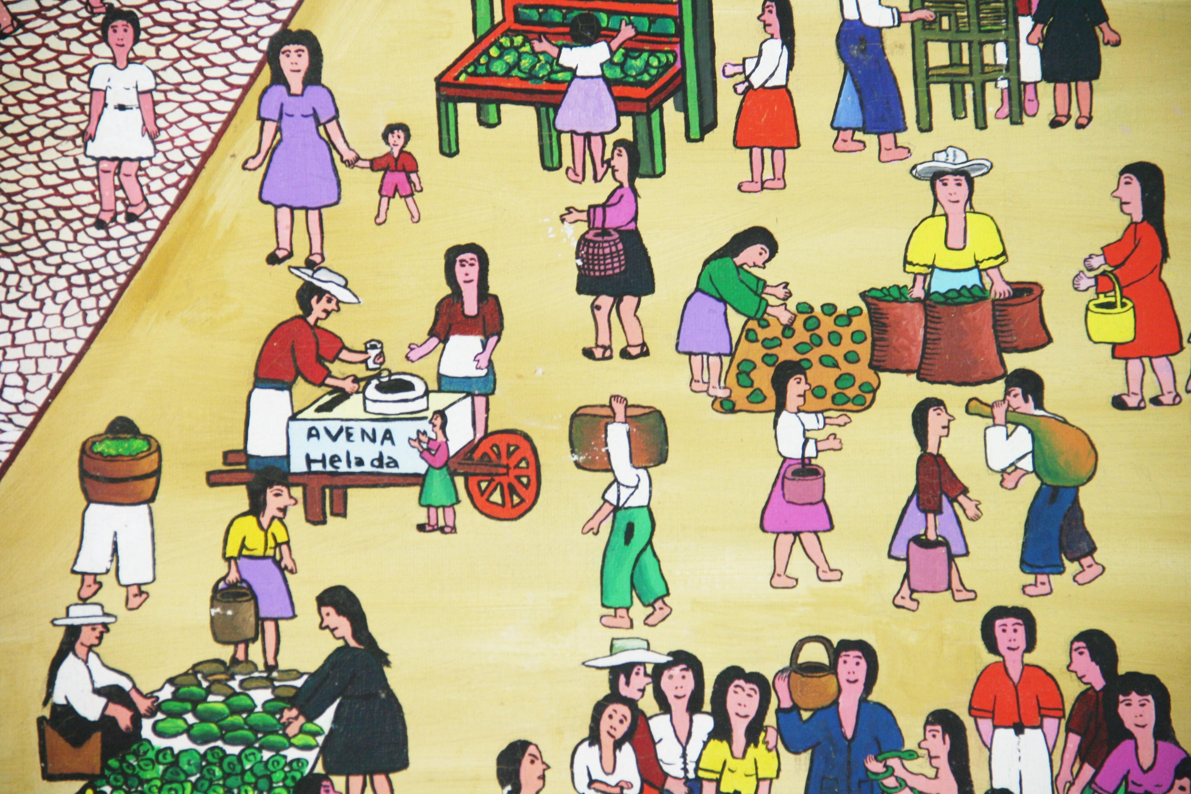 Primative South American Market Square Figurative Painting For Sale 13