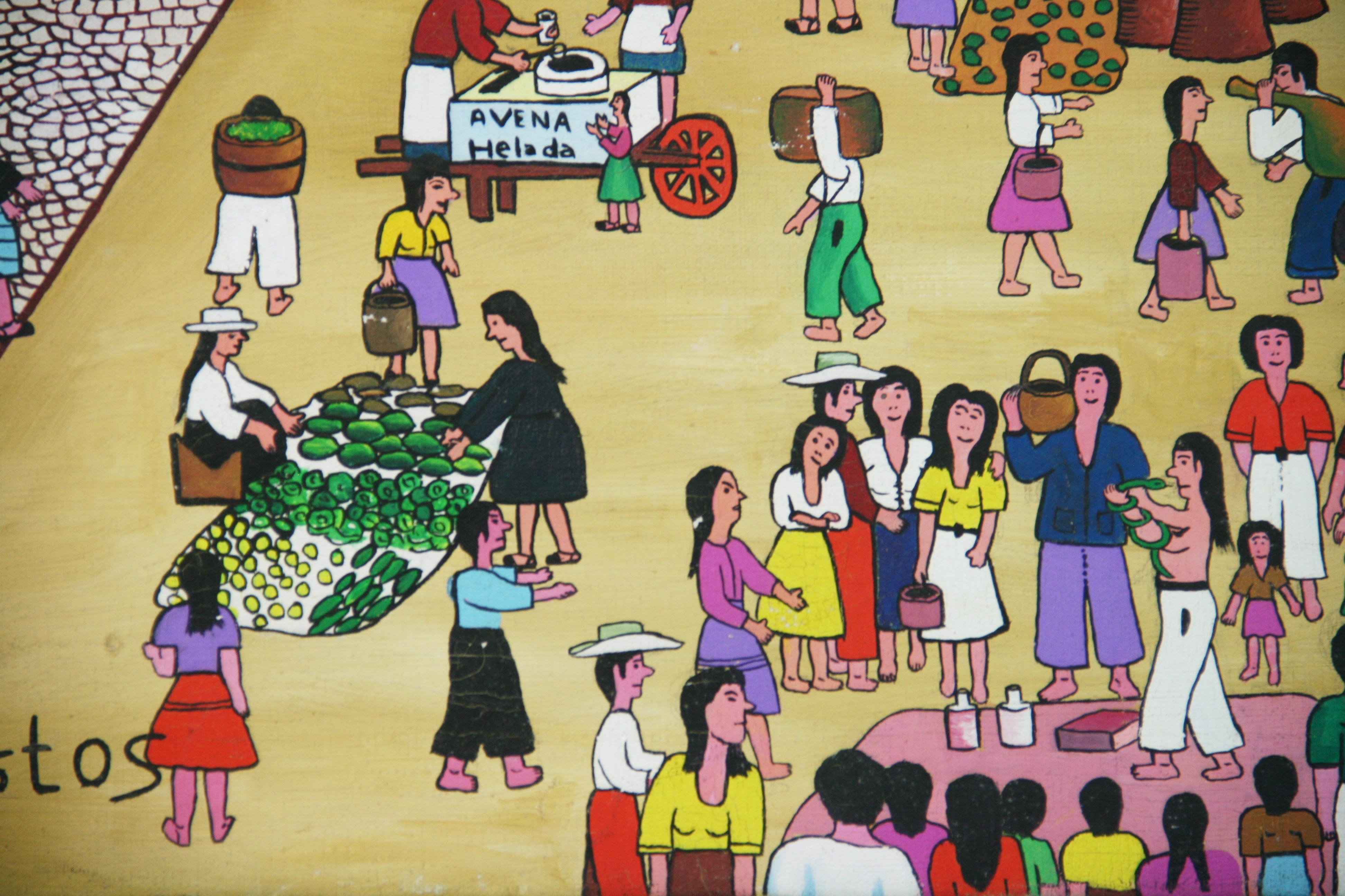 Primative South American Market Square Figurative Painting For Sale 14