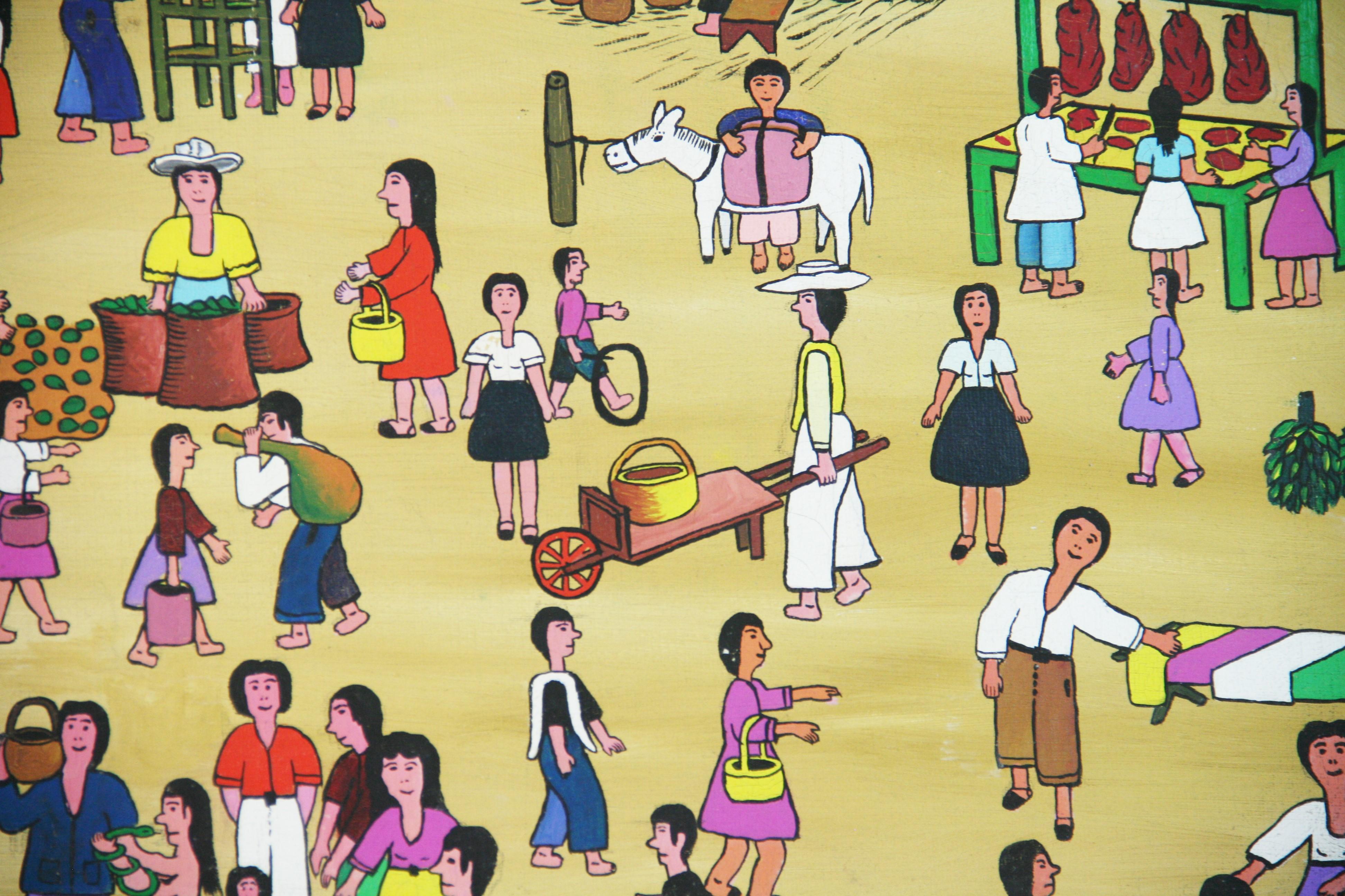 Primative South American Market Square Figurative Painting For Sale 15