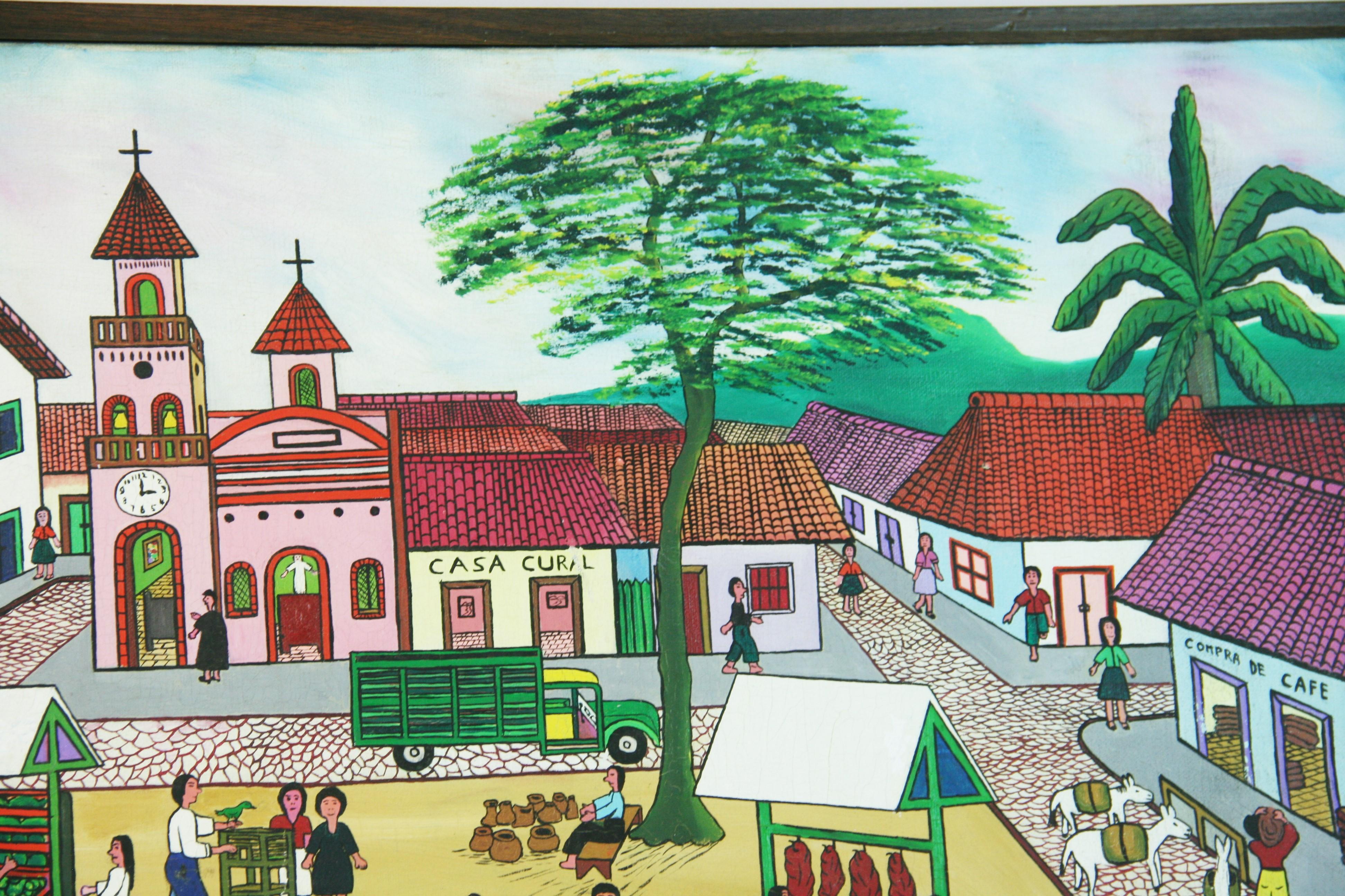Primative South American Market Square Figurative Painting For Sale 17