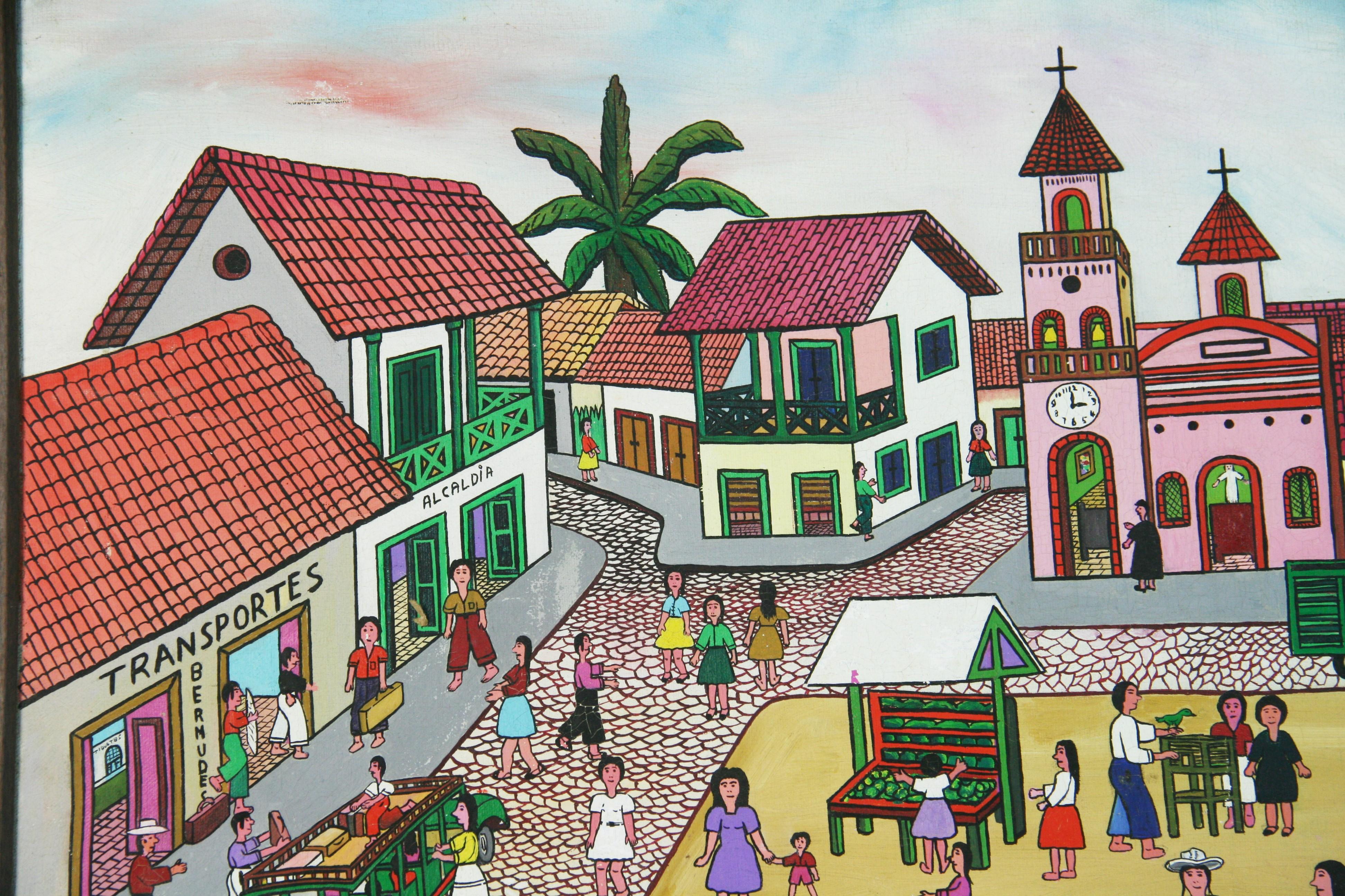 Primative South American Market Square Figurative Painting For Sale 18