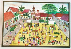 Pintura figurativa de plaza de mercado sudamericana primitiva