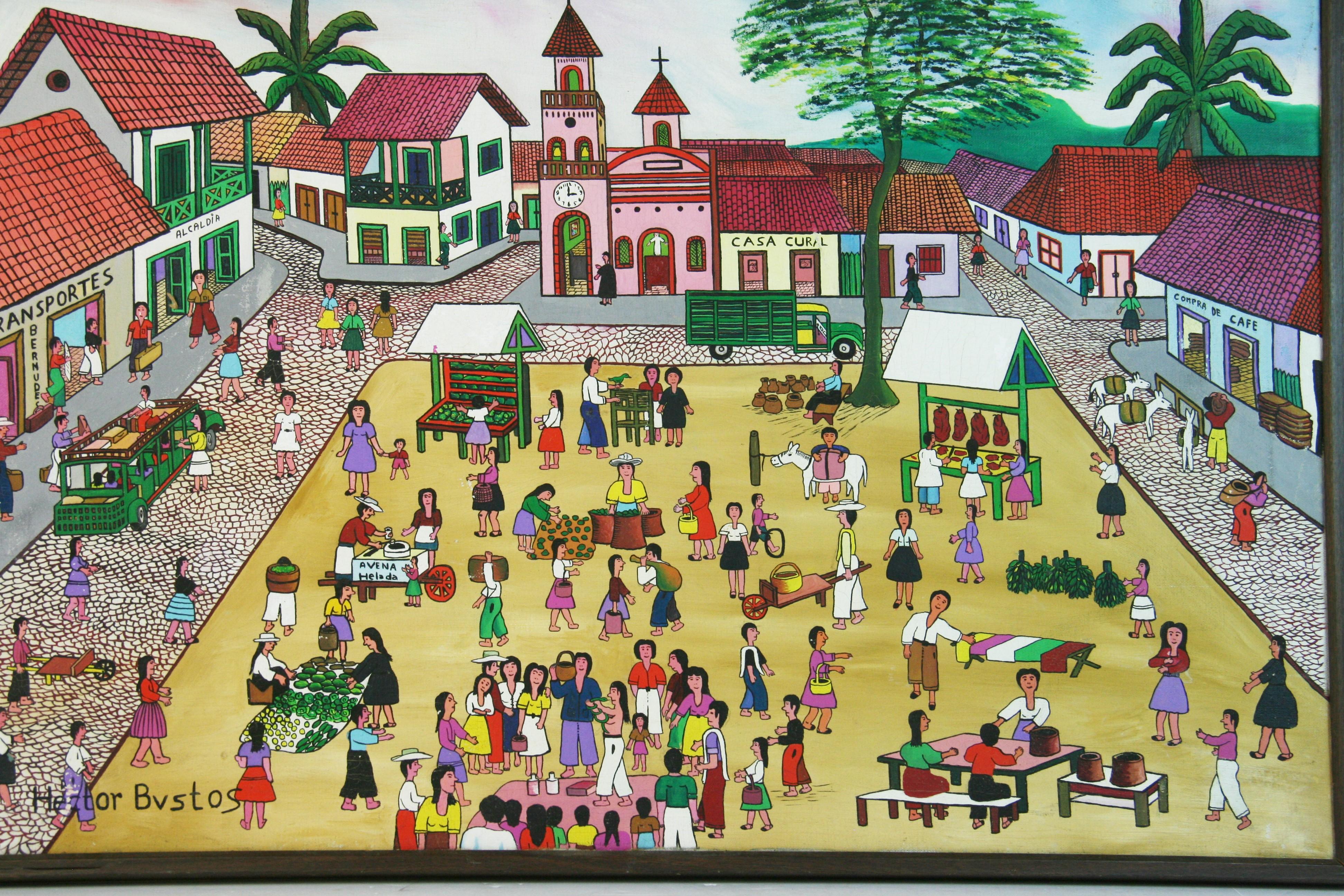 Primative South American Market Square Figurative Painting For Sale 2