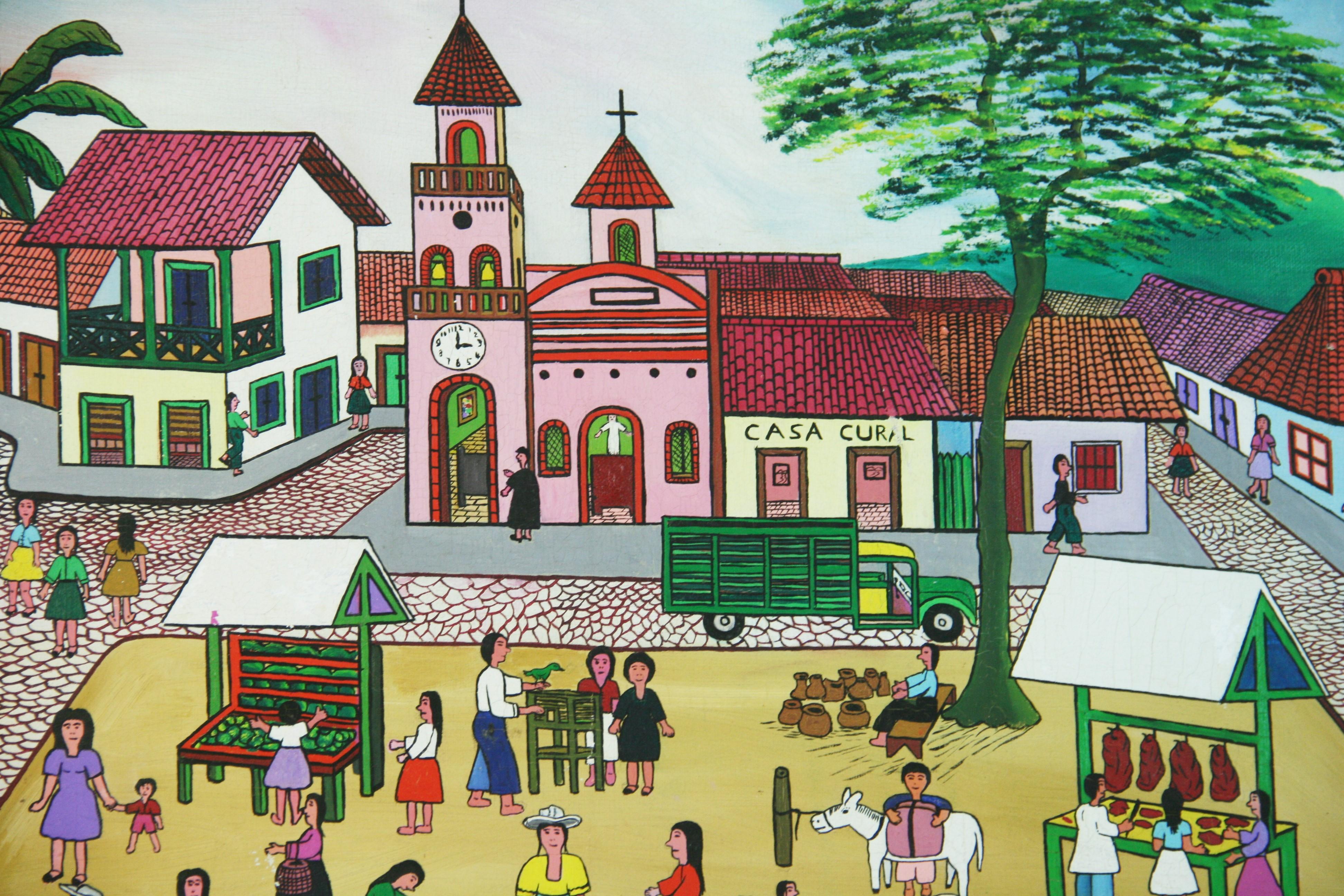 Primative South American Market Square Figurative Painting For Sale 3