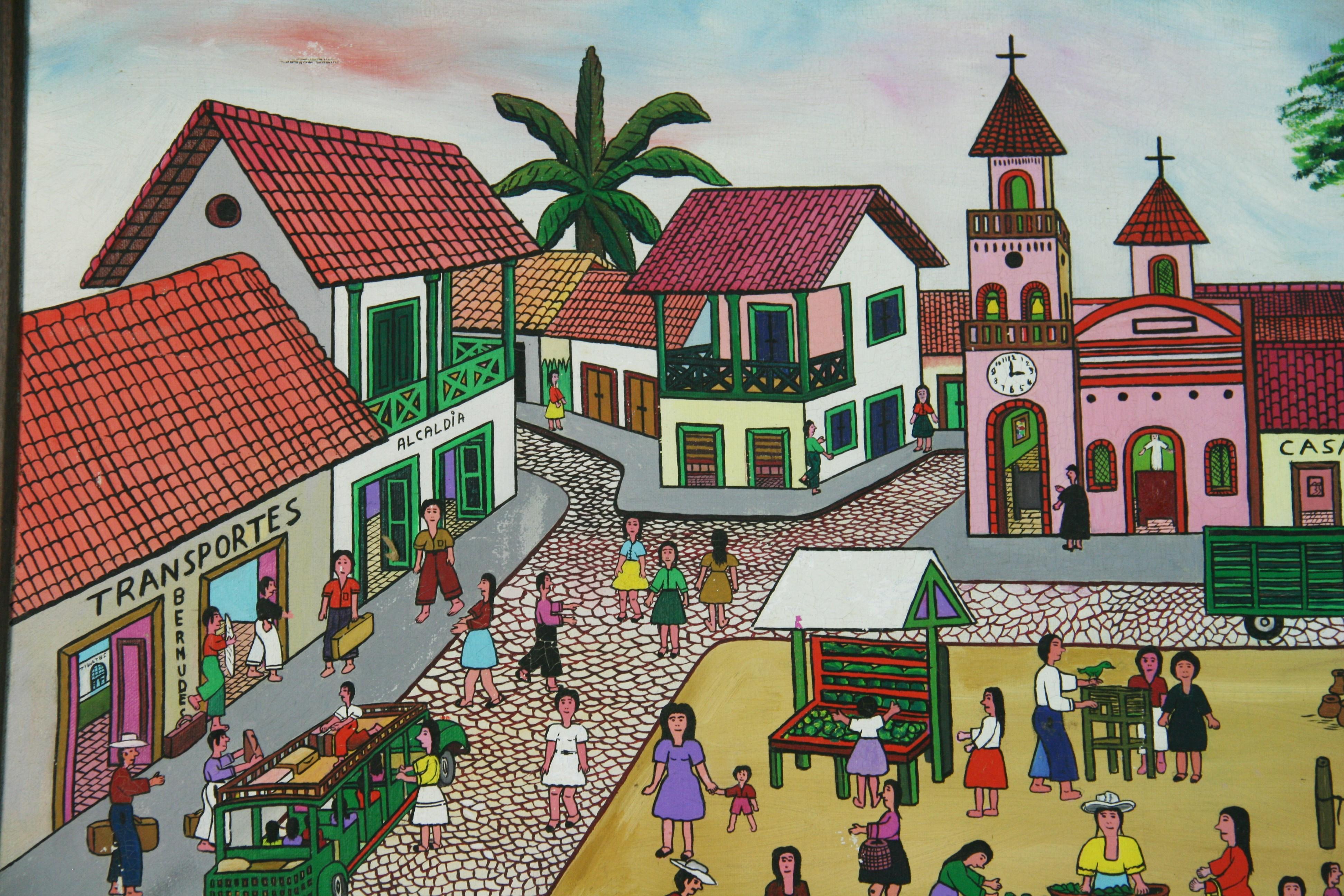Primative South American Market Square Figurative Painting For Sale 4