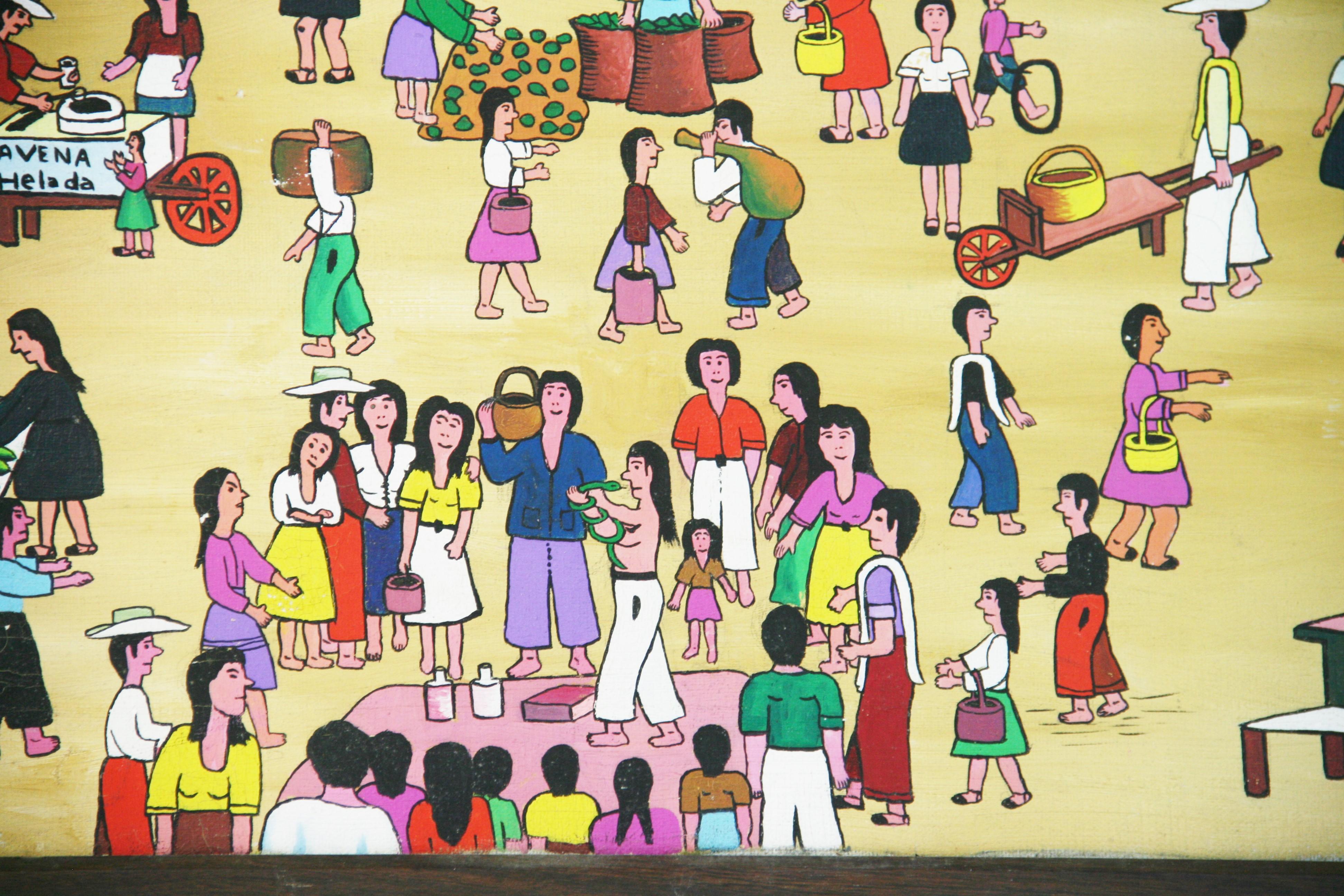 Primative South American Market Square Figurative Painting For Sale 5