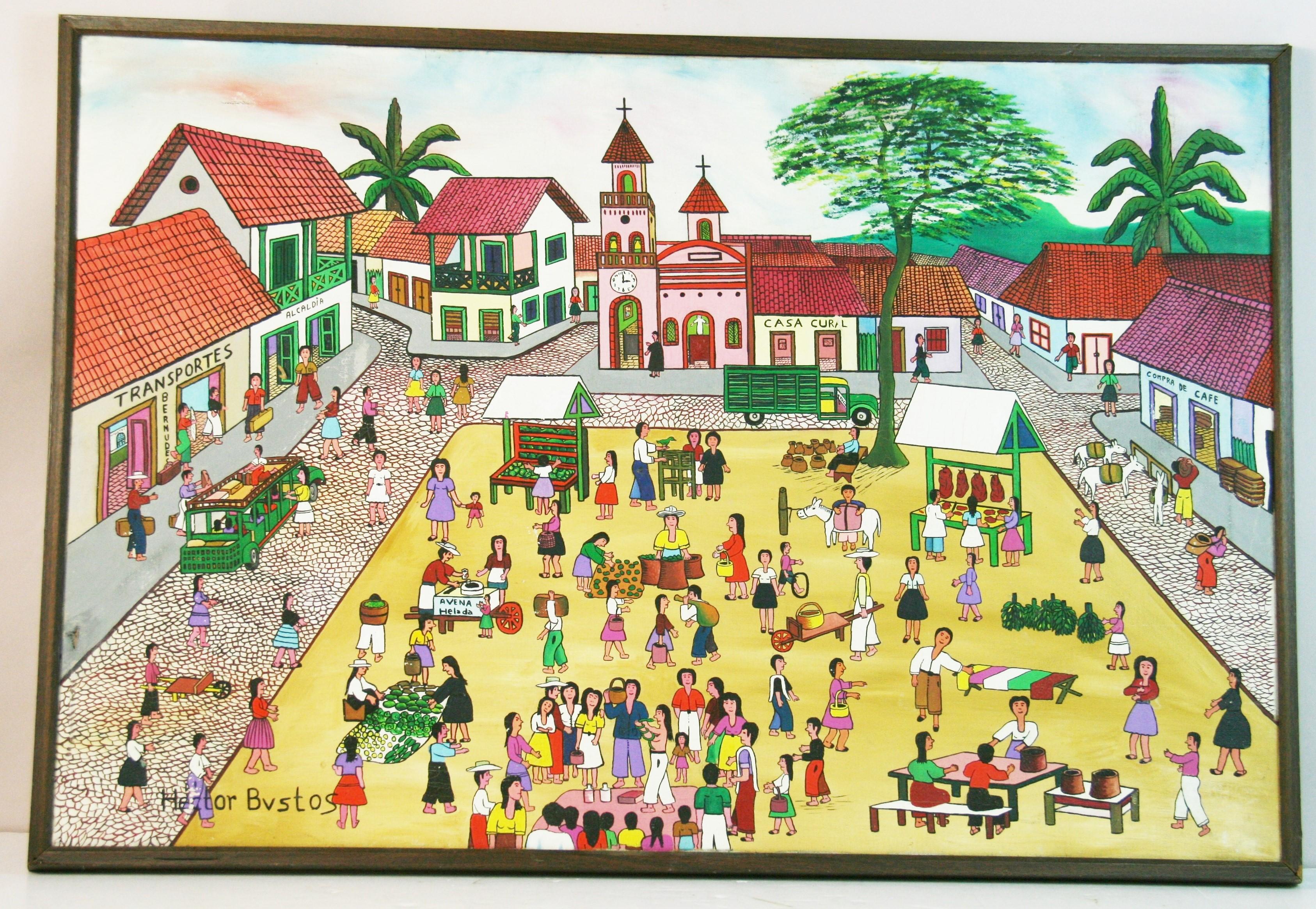 6080 Colorful Primative painting of a market square with people shopping.
Signed lower left