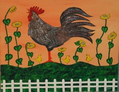 Primitive Folk Art Rooster and Chicks, Oil on Canvas, Signed, 1990s