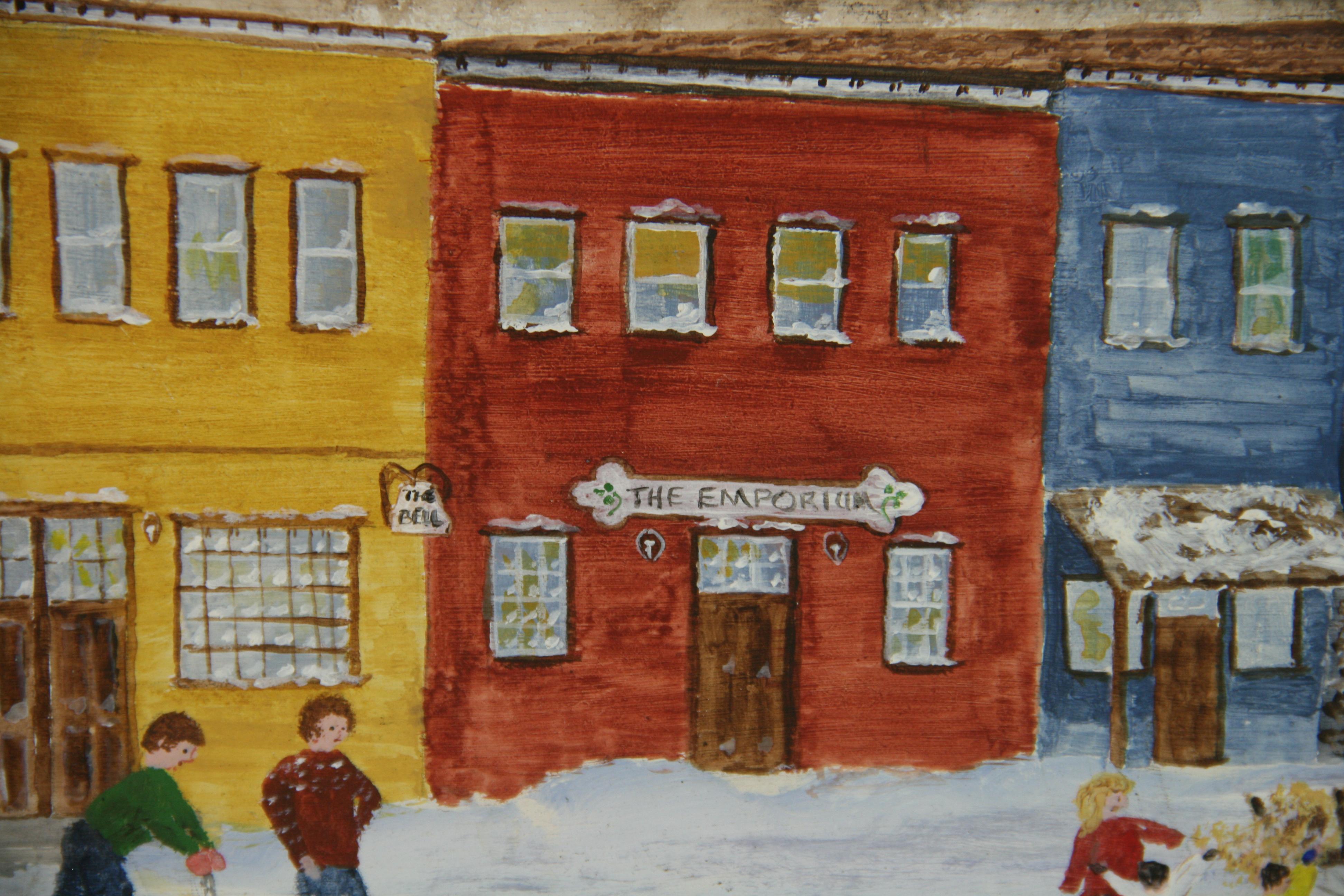 Primitive FolK Art Village Winter Skating Scene by Lane Hanford For Sale 6
