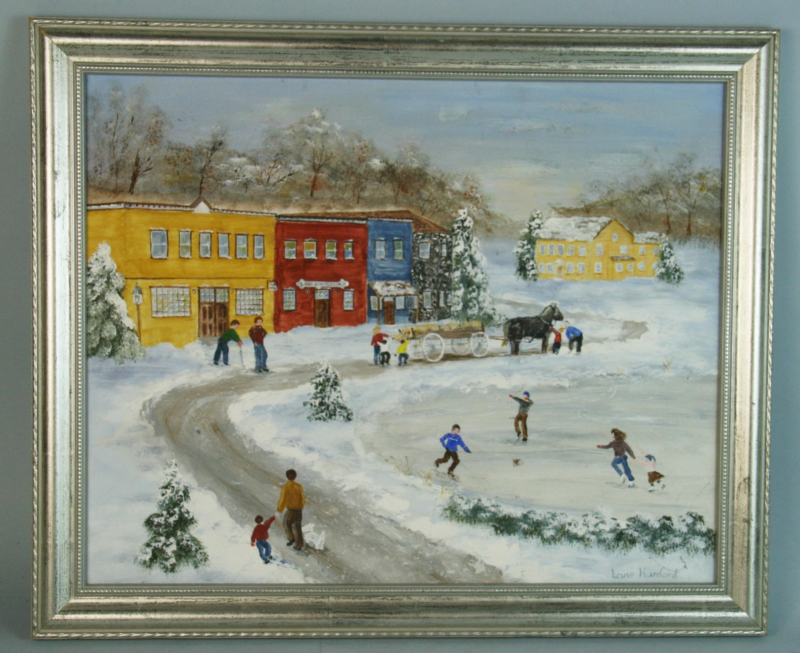 Primitive FolK Art Village Winter Skating Scene by Lane Hanford - Painting by Unknown