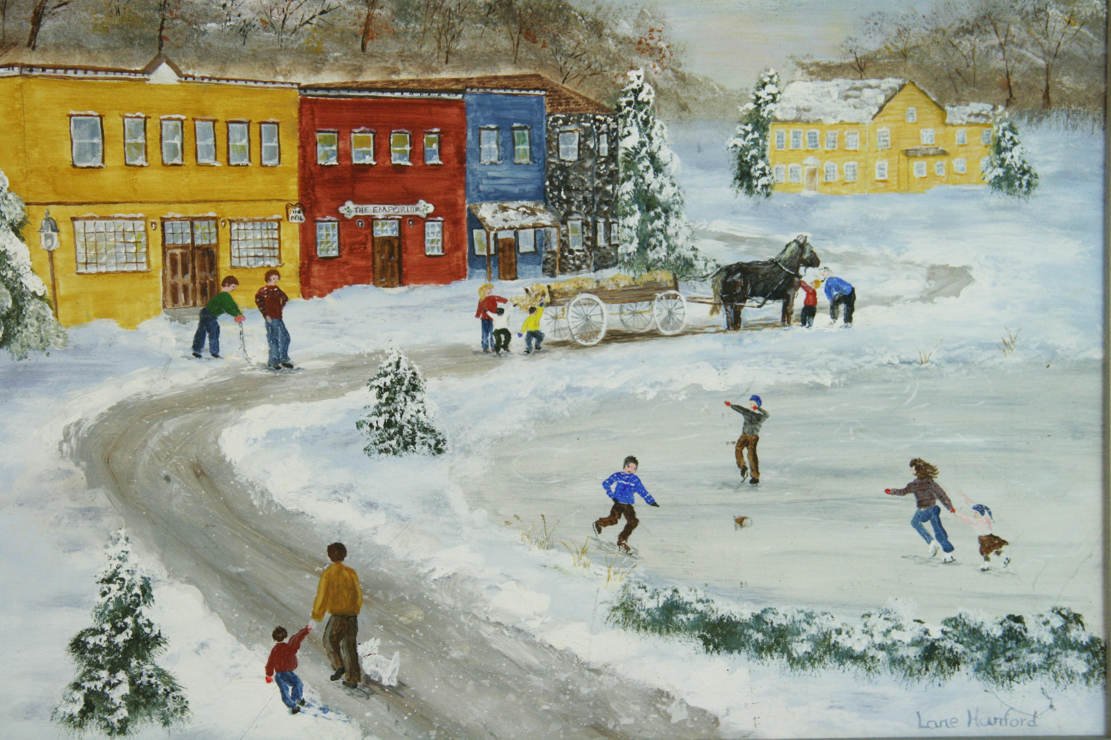 Primitive FolK Art Village Winter Skating Scene by Lane Hanford - Gray Landscape Painting by Unknown