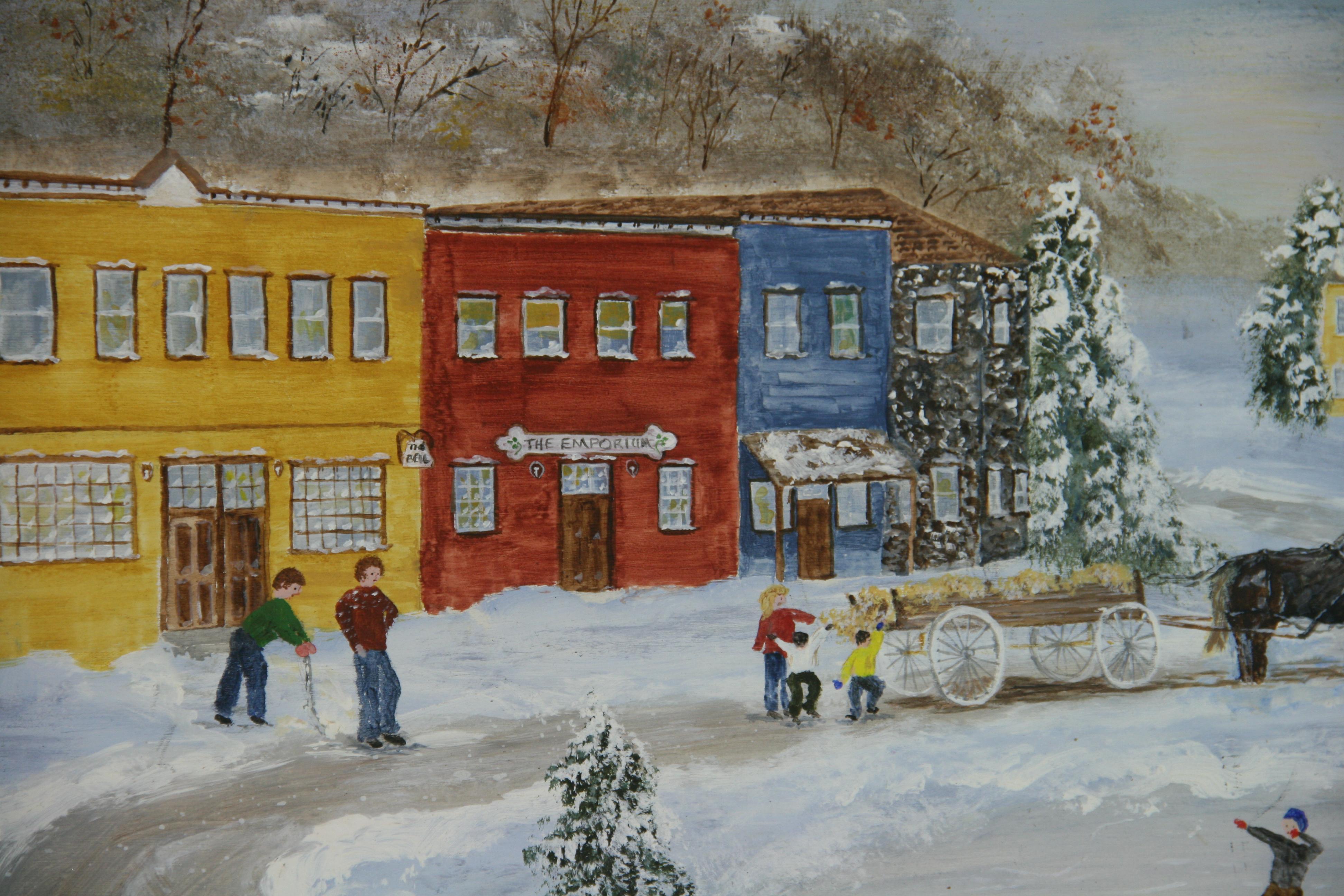 5095 Primative village winter scene scating scene on board set in a silver gilt wood frame
signed Lane Hanford
