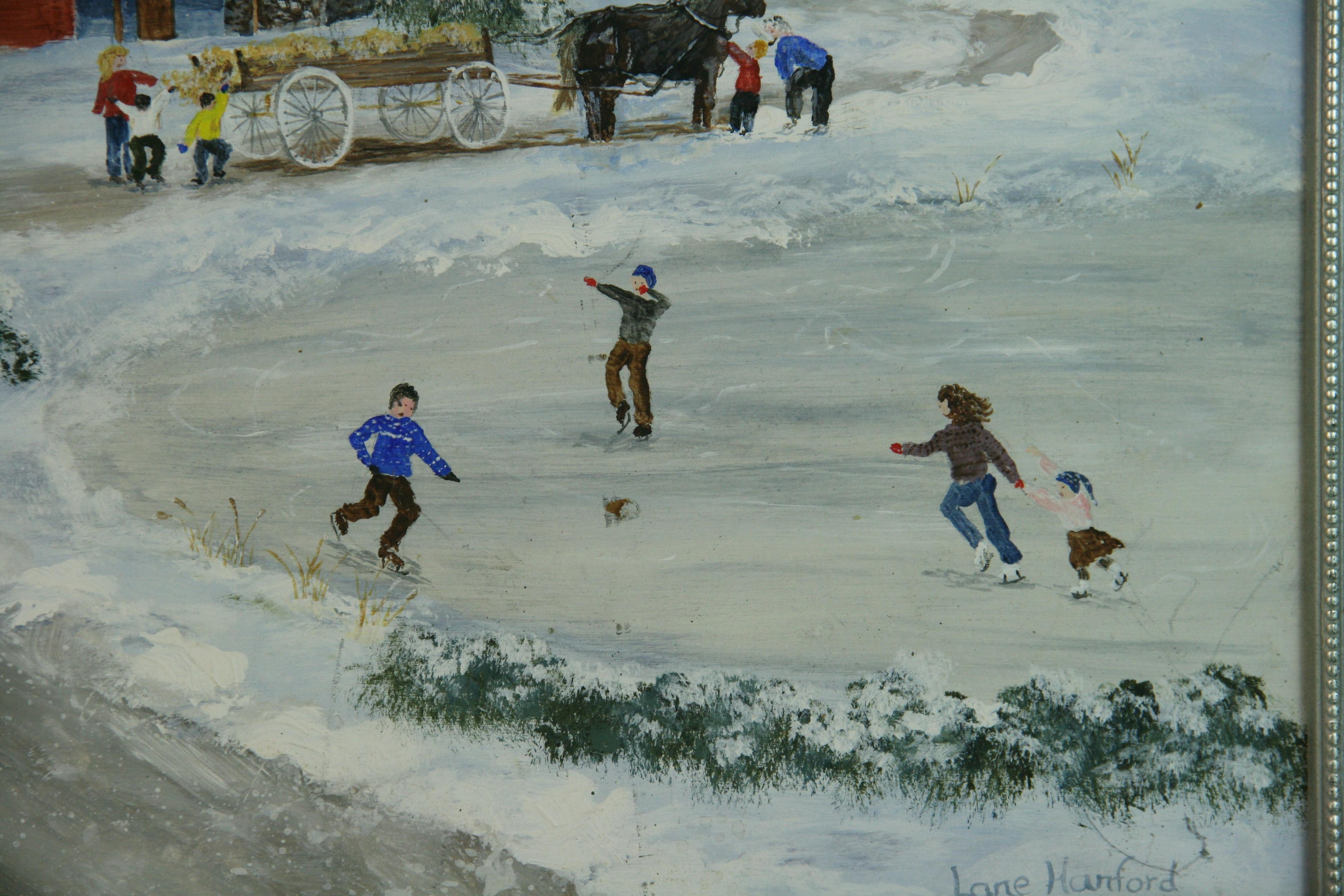 Primitive FolK Art Village Winter Skating Scene by Lane Hanford For Sale 1