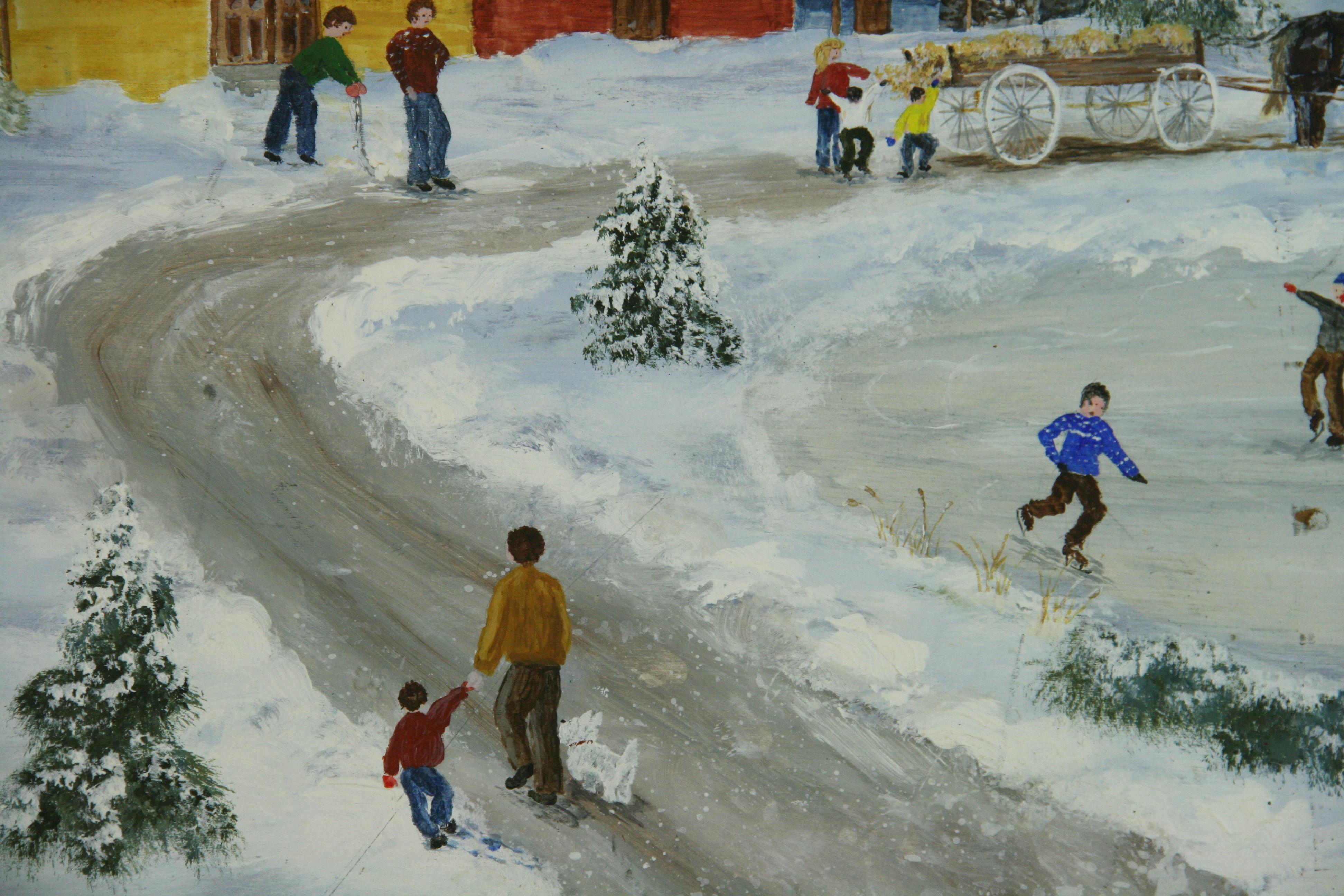 Primitive FolK Art Village Winter Skating Scene by Lane Hanford For Sale 2