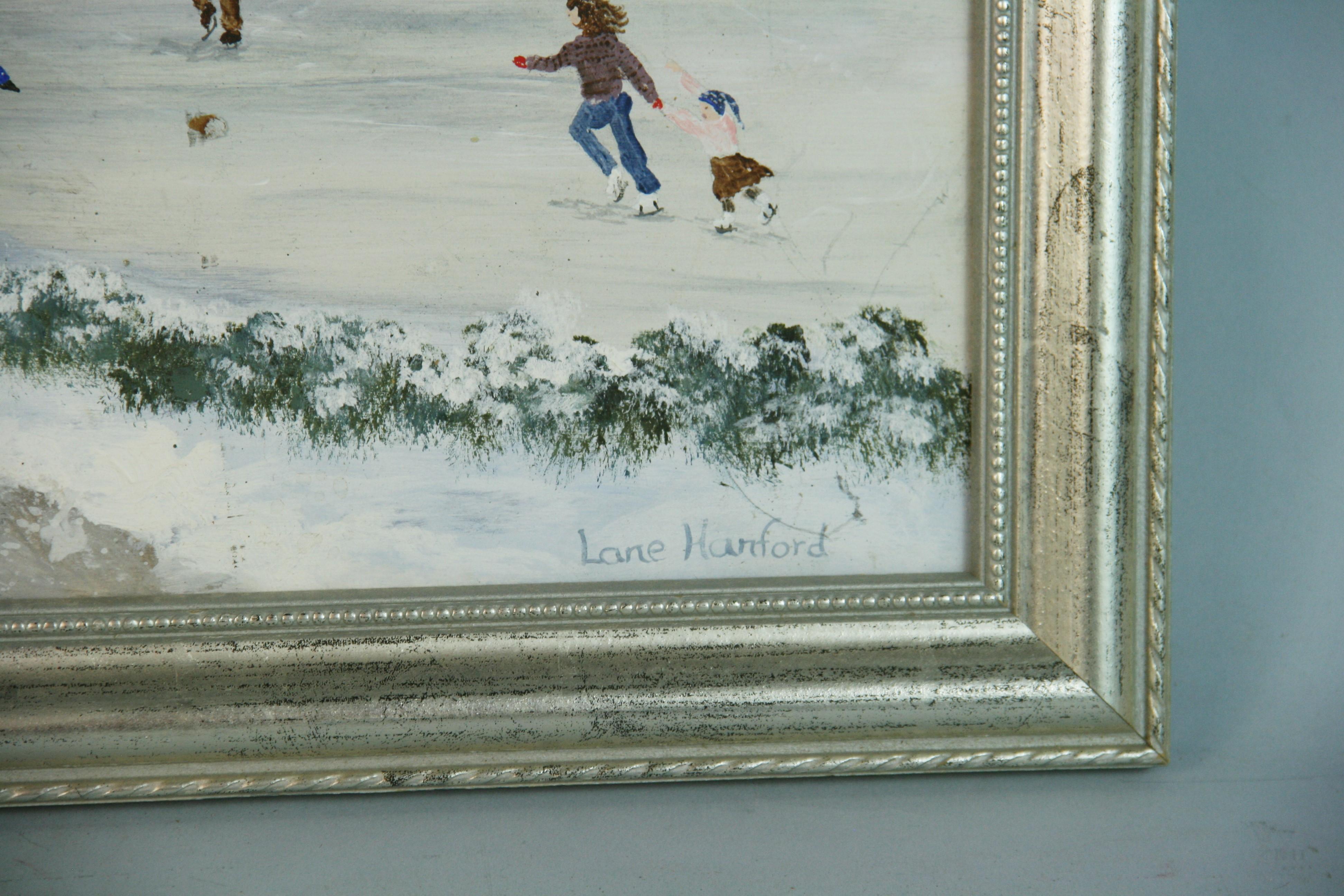 Primitive FolK Art Village Winter Skating Scene by Lane Hanford For Sale 3