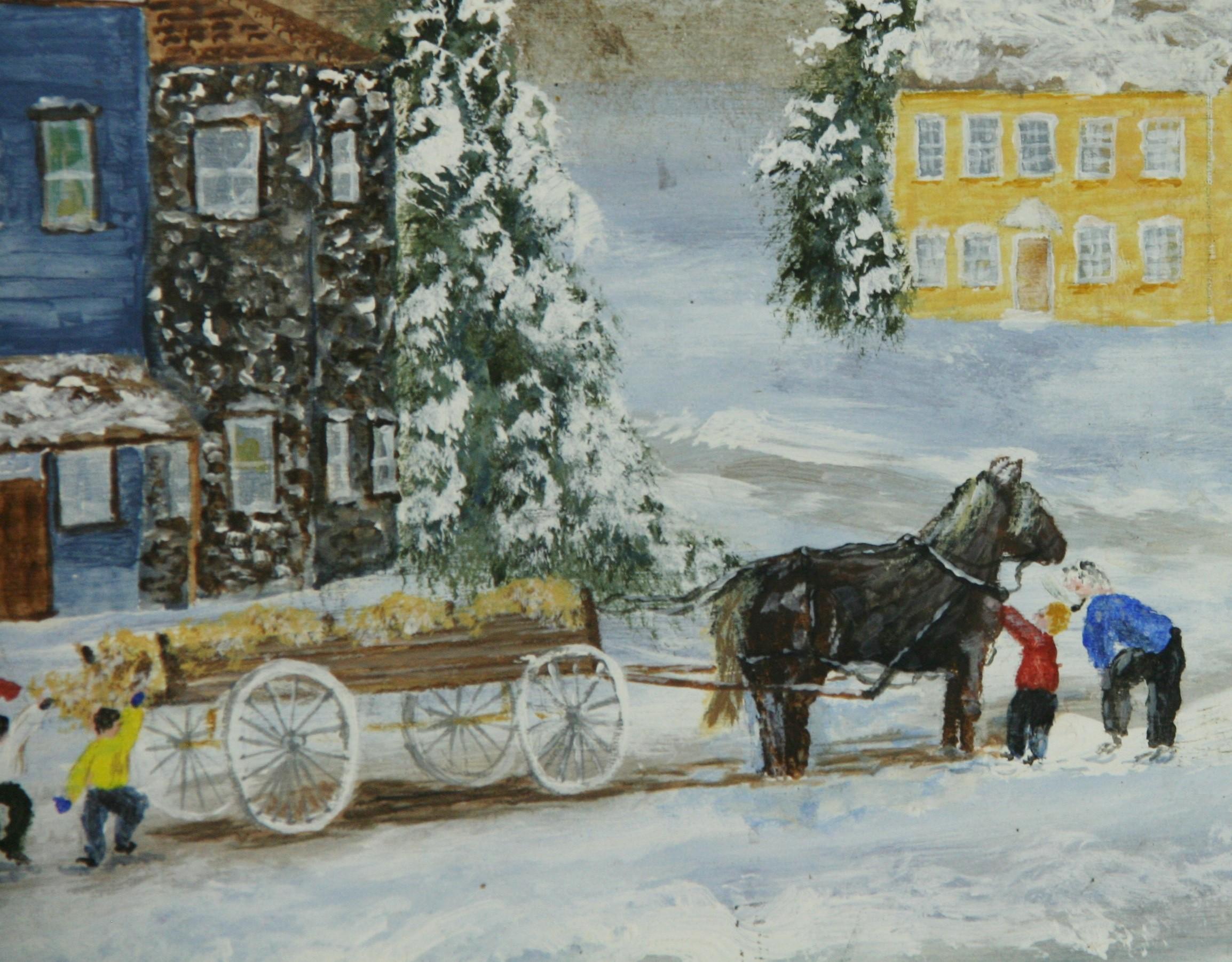 Primitive FolK Art Village Winter Skating Scene by Lane Hanford For Sale 4