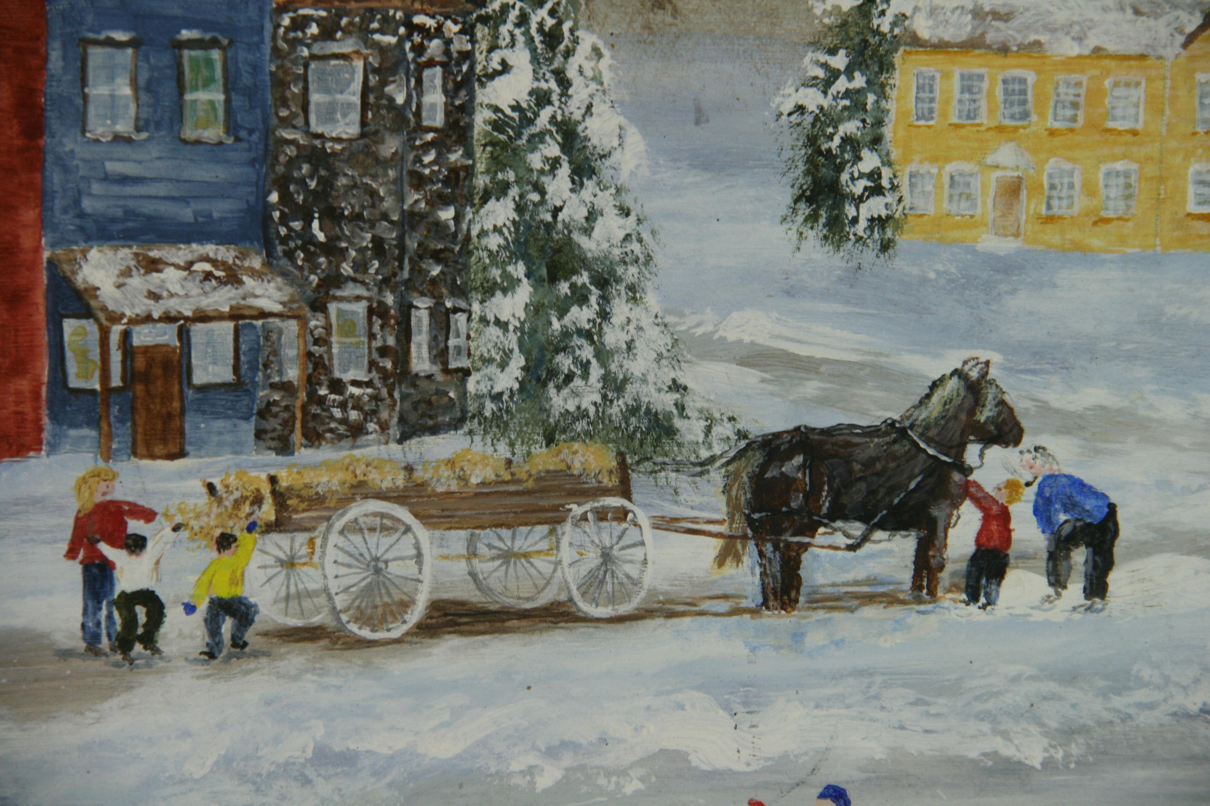 Primitive FolK Art Village Winter Skating Scene by Lane Hanford For Sale 5