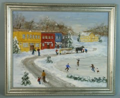 Primitive Village Winter Skating Scene, Oil on Board, Signed, Framed