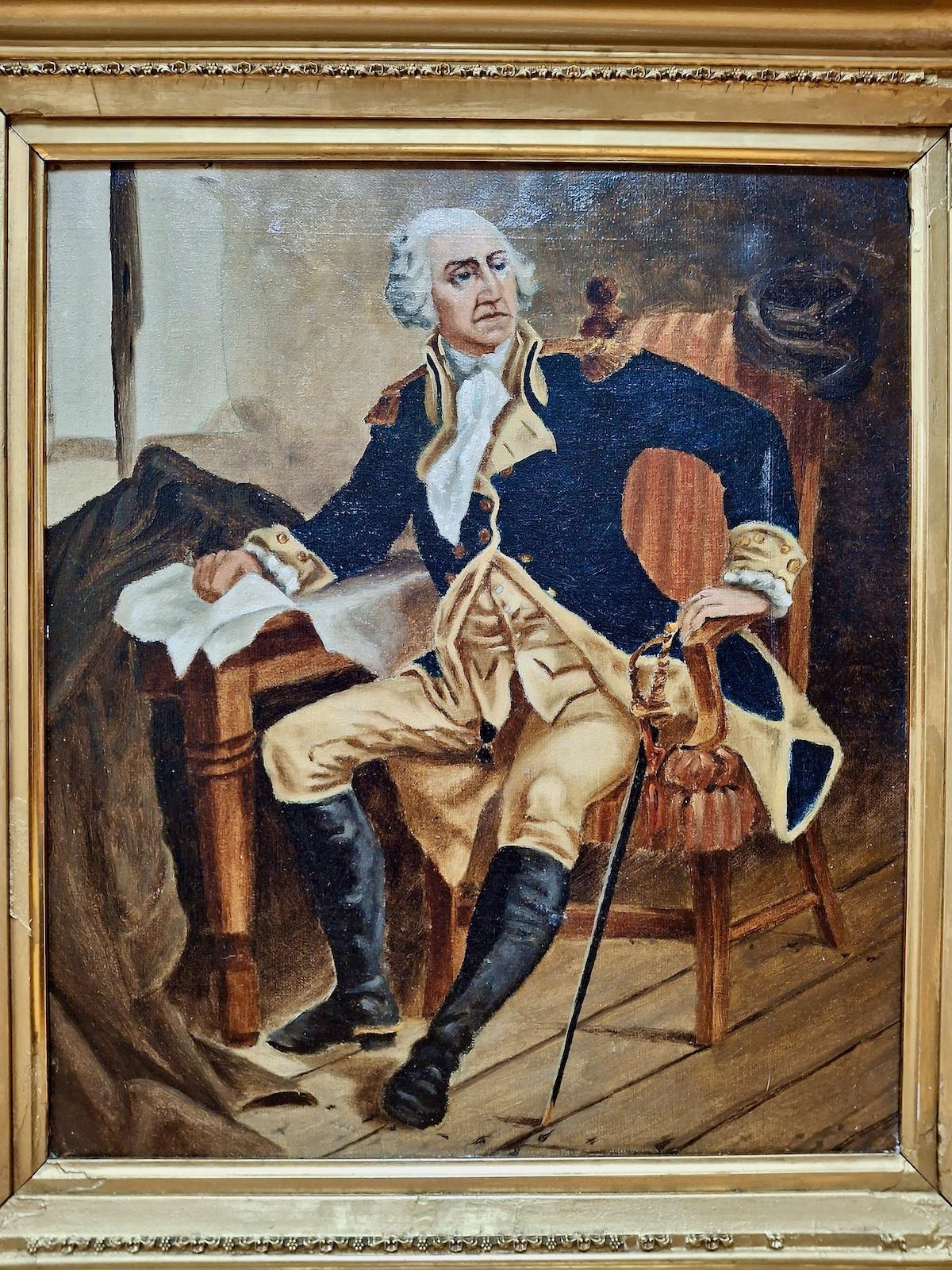 Primitive Portrait of George Washington with Sword - Folk Art Painting by Unknown
