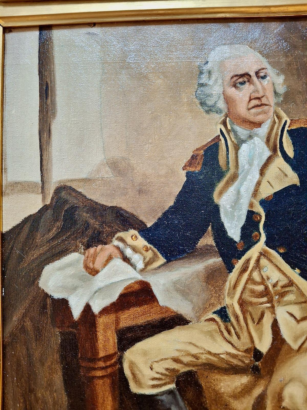 This primitively rendered but admiring tribute to George Washington has a distinguished artistic lineage. The painter was undoubtedly in the presence of a much admired print engraved by William Sartain (1843 - 1924) of Philadelphia. In fact, the