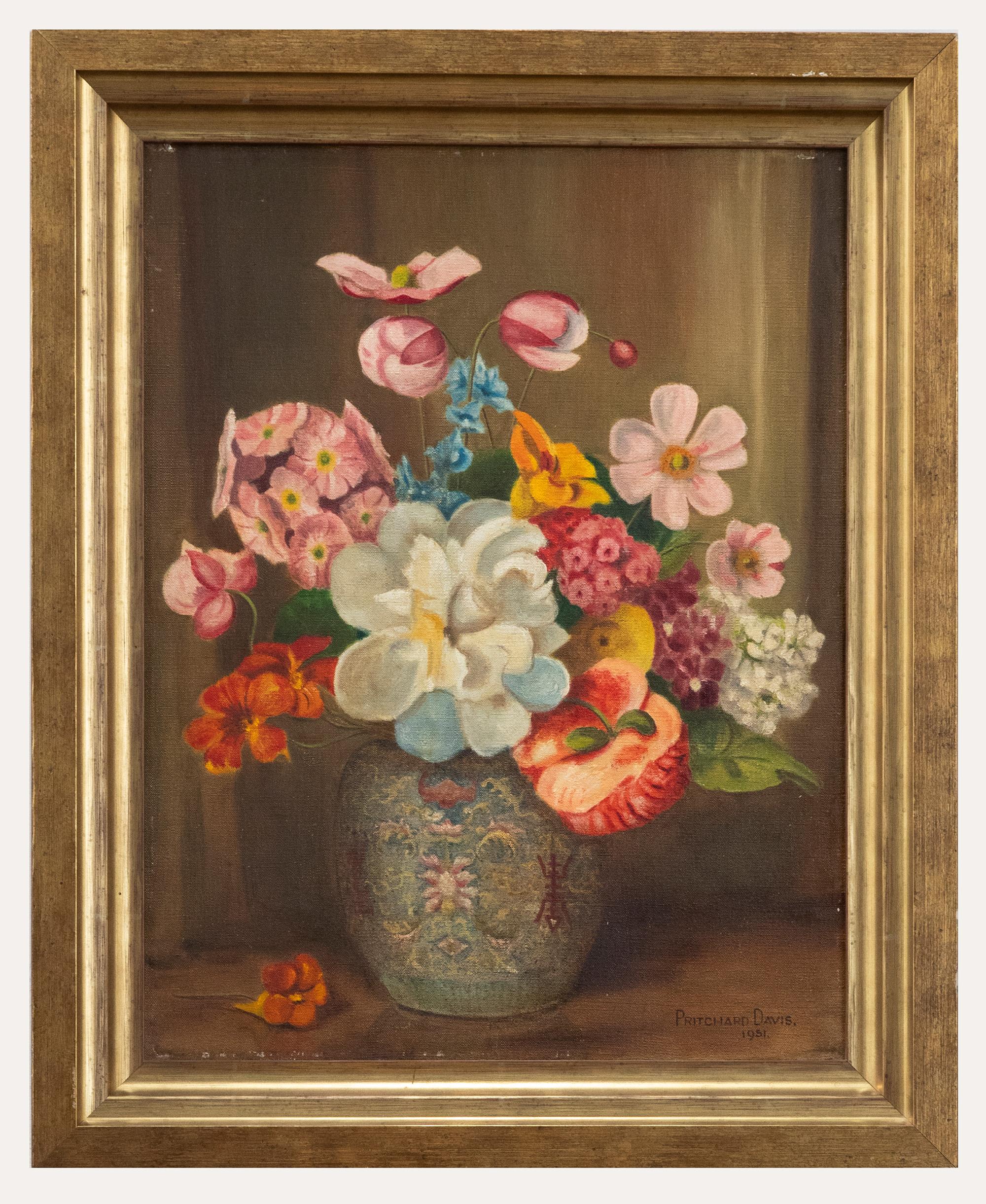 Unknown Still-Life Painting - Pritchard Davis - Framed 1951 Oil, The Chinese Vase