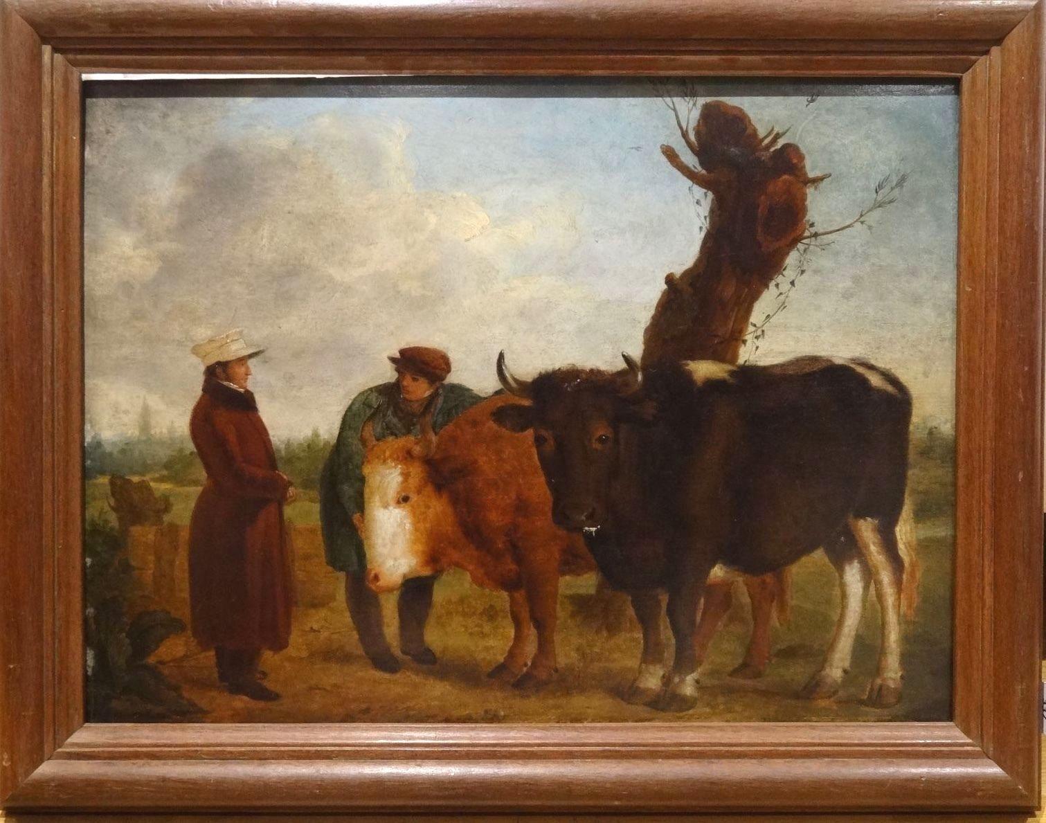 Unknown Portrait Painting - Prize Bulls, Farmer & Owner, 18th Century 