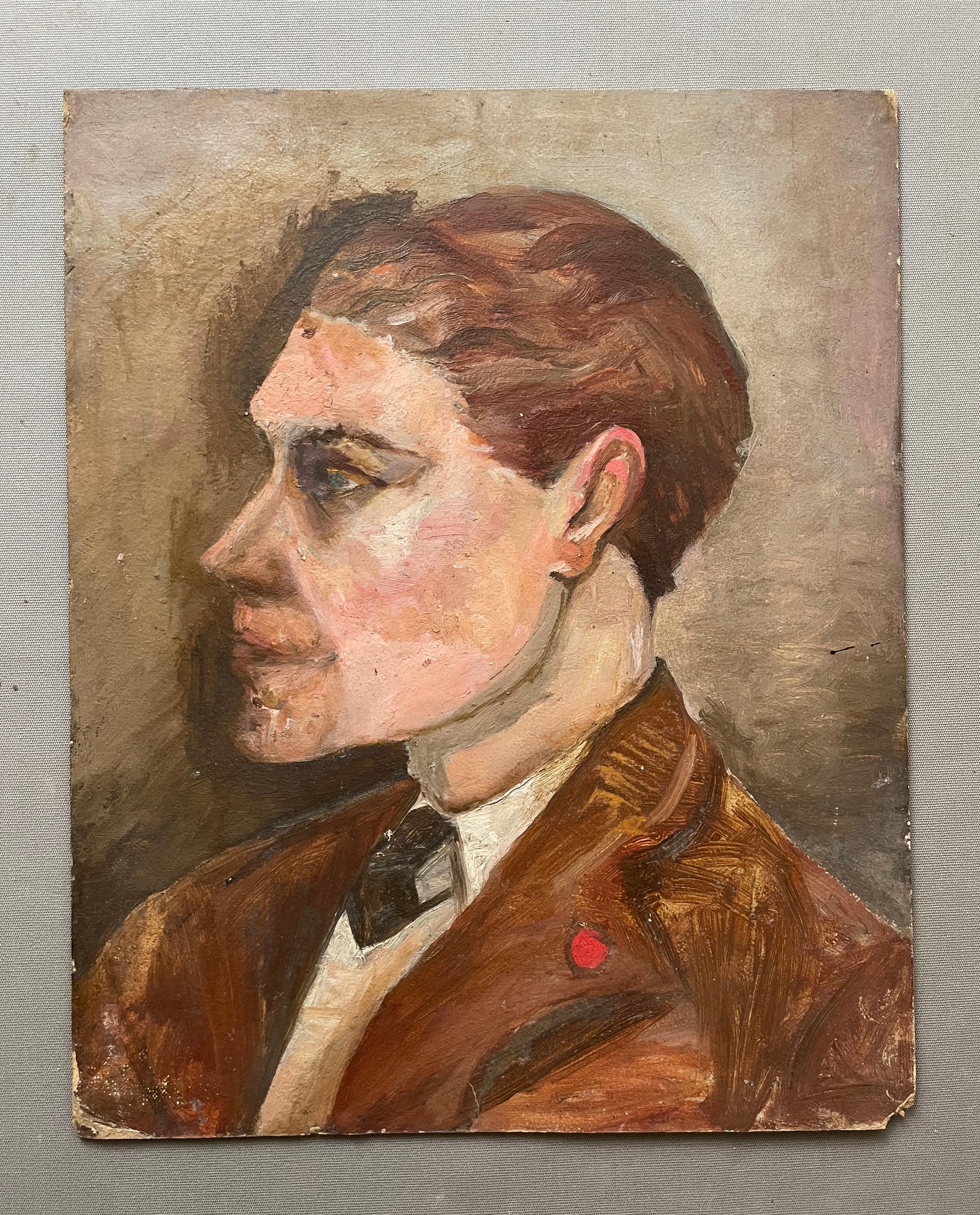 Profil d'un homme aux cheveux roux, huile sur carton - Painting de Unknown