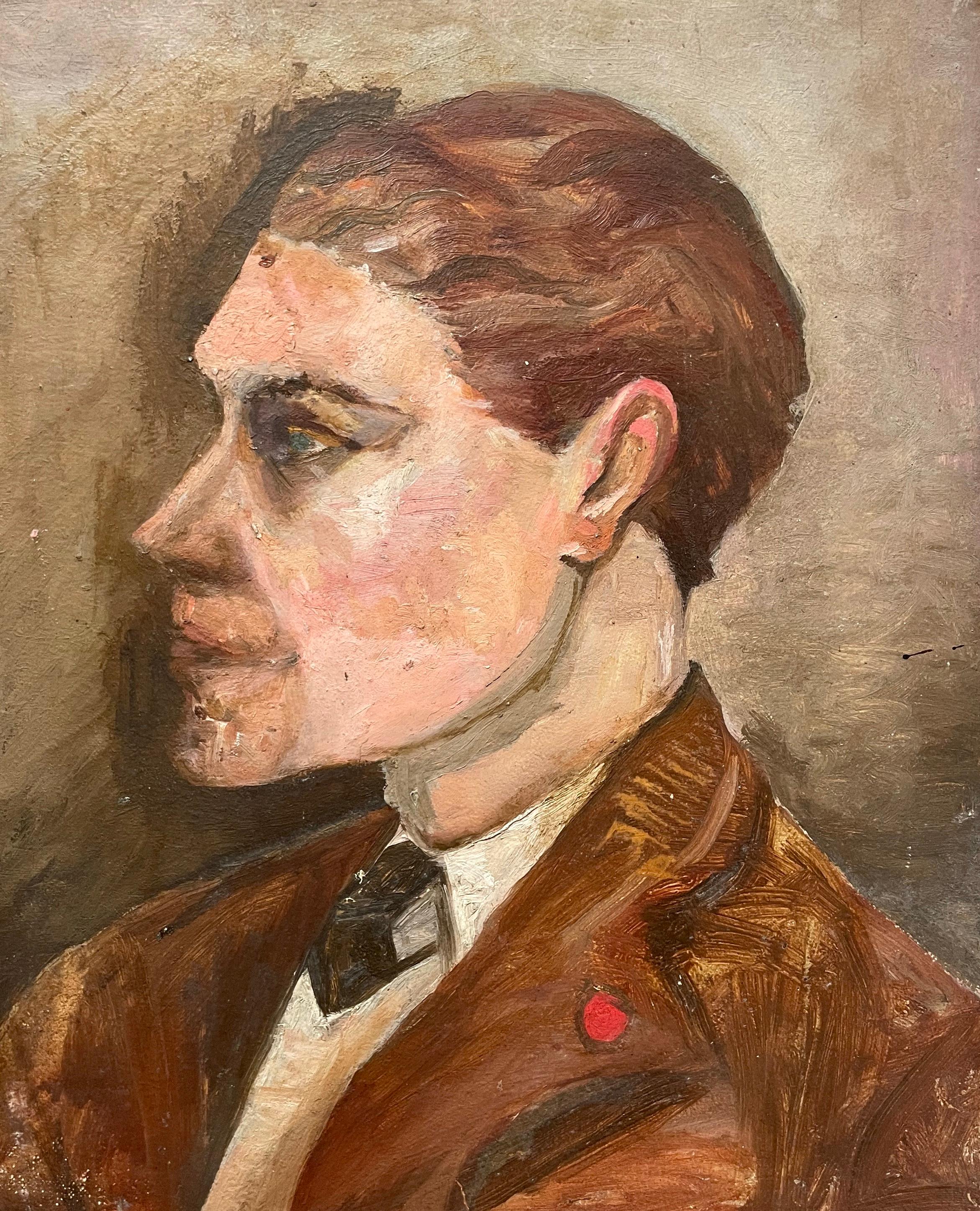 Portrait Painting Unknown - Profil d'un homme aux cheveux roux, huile sur carton