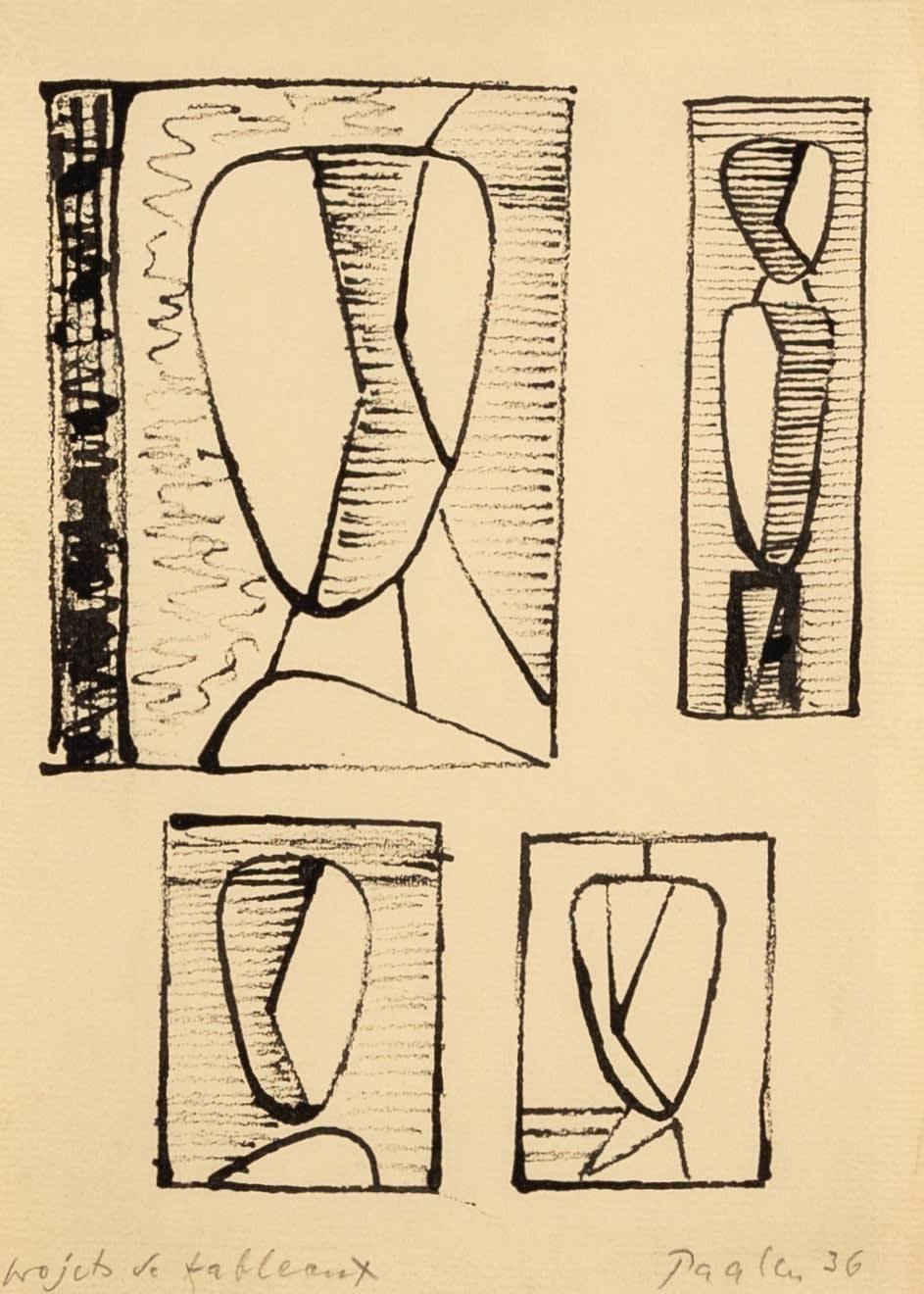 Abstract Painting di Unknown - Projets(?) de Tableaux, pittura a inchiostro di Wolfgang Paalen, 1936