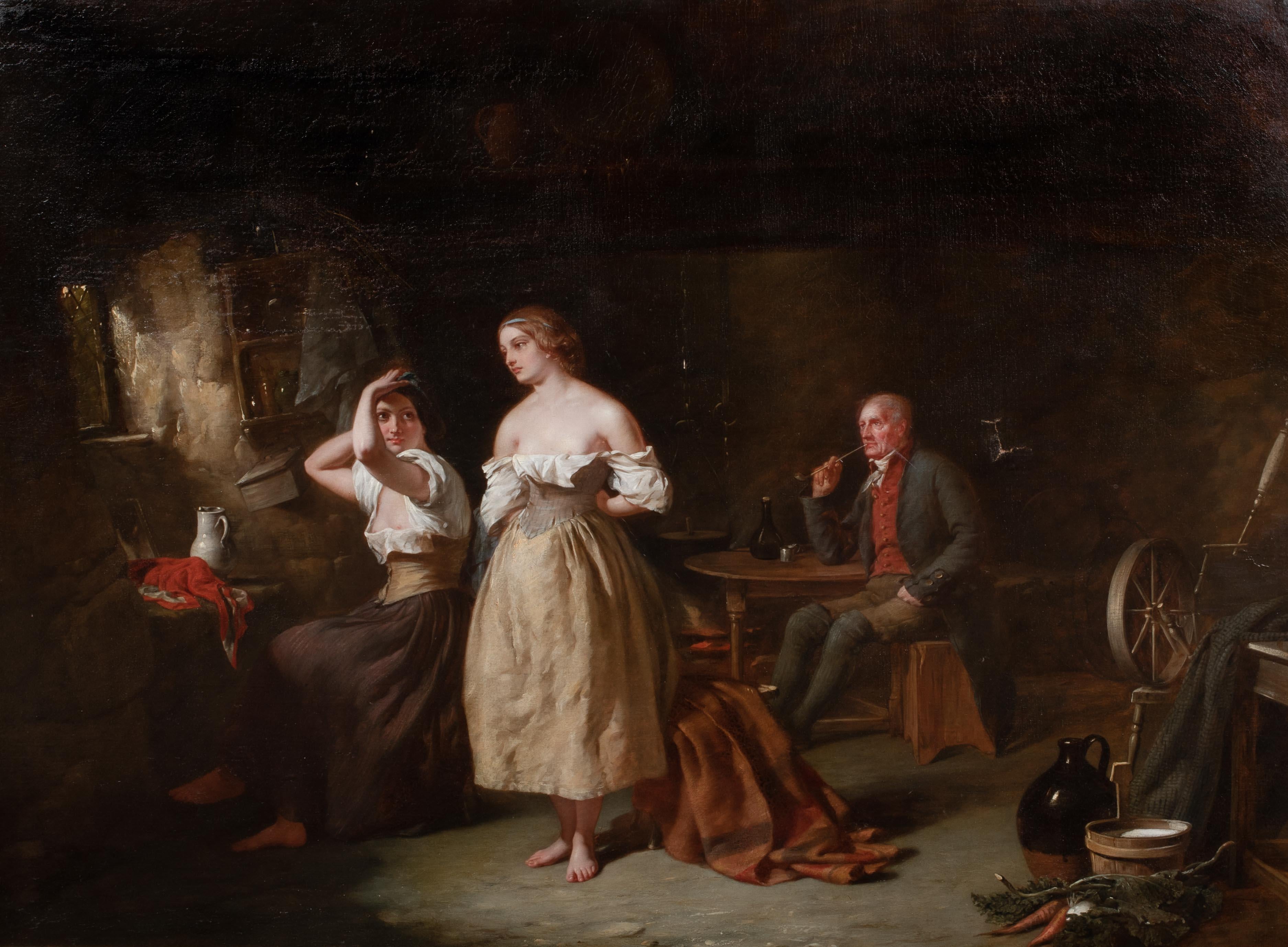 Prostitutes In A Brothel Interior, 19th Century

English School - rare subject

Large 19th Century English School interior scene of two prostitutes in a brother/bordello interior with a customer/pimp sat smoking at a table, oil on canvas.