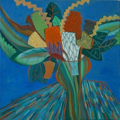 Proteas on Blue - Landscape Painting - Abstract Geometric Art By Marc Zimmerman
