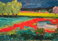 Vintage Provencal Landscape Poppy Fields Original Oil Painting