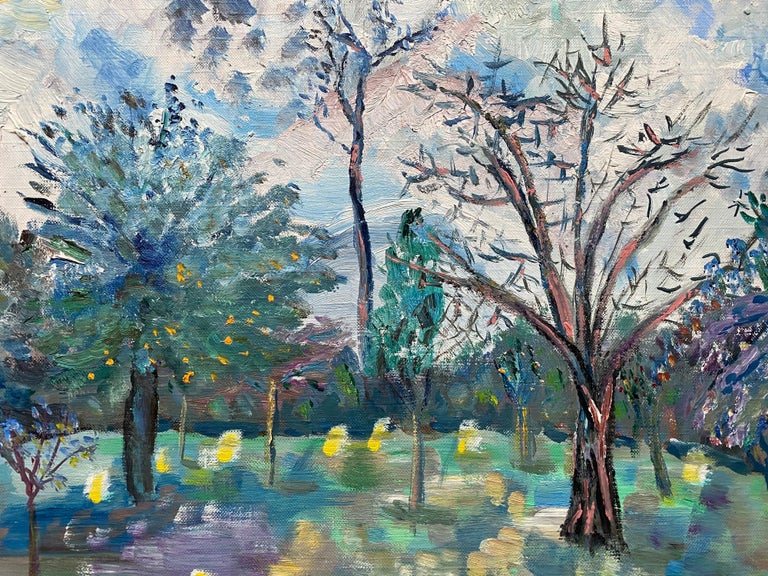 Provence Colorful Trees Landscape - French Original Oil Painting - Gray Landscape Painting by Unknown