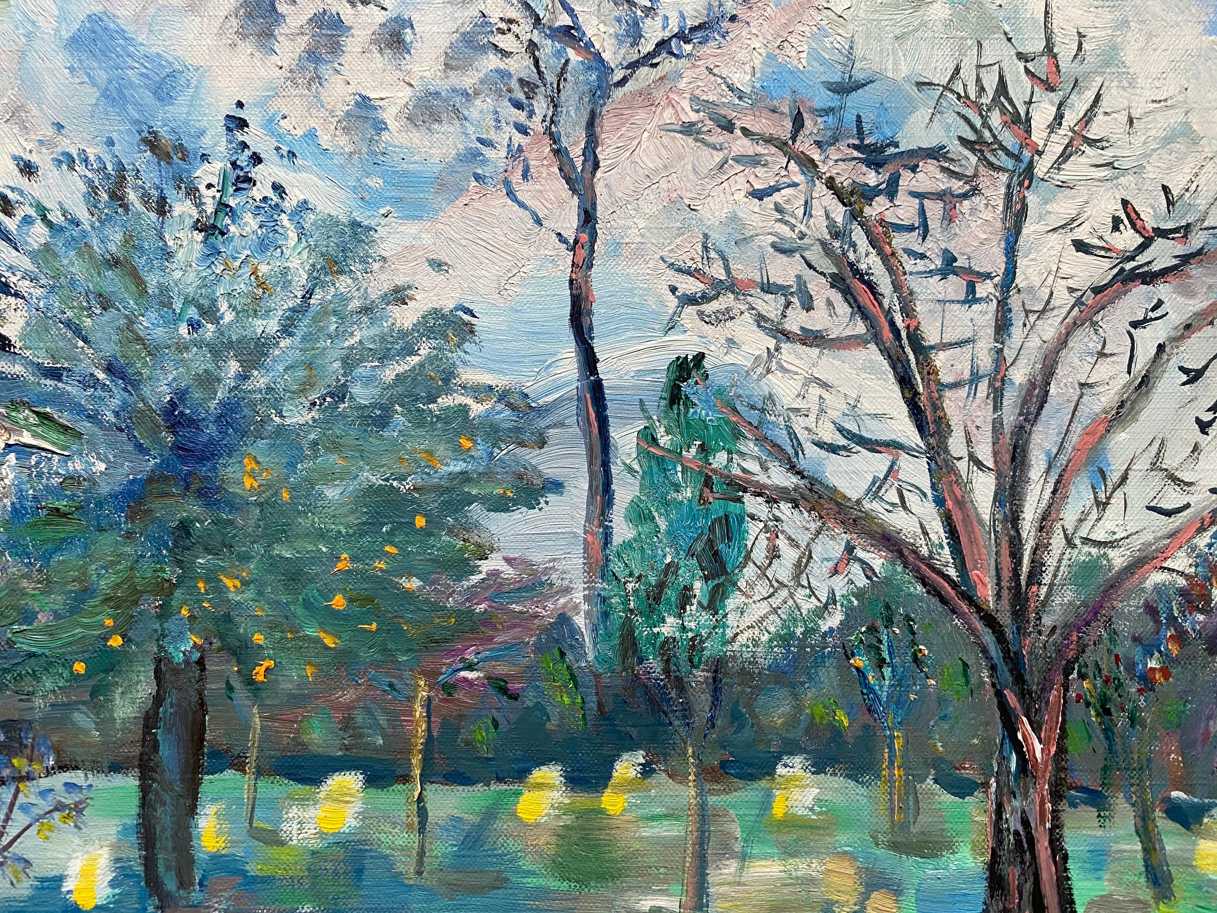Provence Colourful Trees, French Original Oil Painting
French schooled artist, 20th Century
Oil painting on thin card/paper, unframed
Card size: 15 x 18 inches

Delightful French Impressionist oil painting, depicting the far view of little fishing