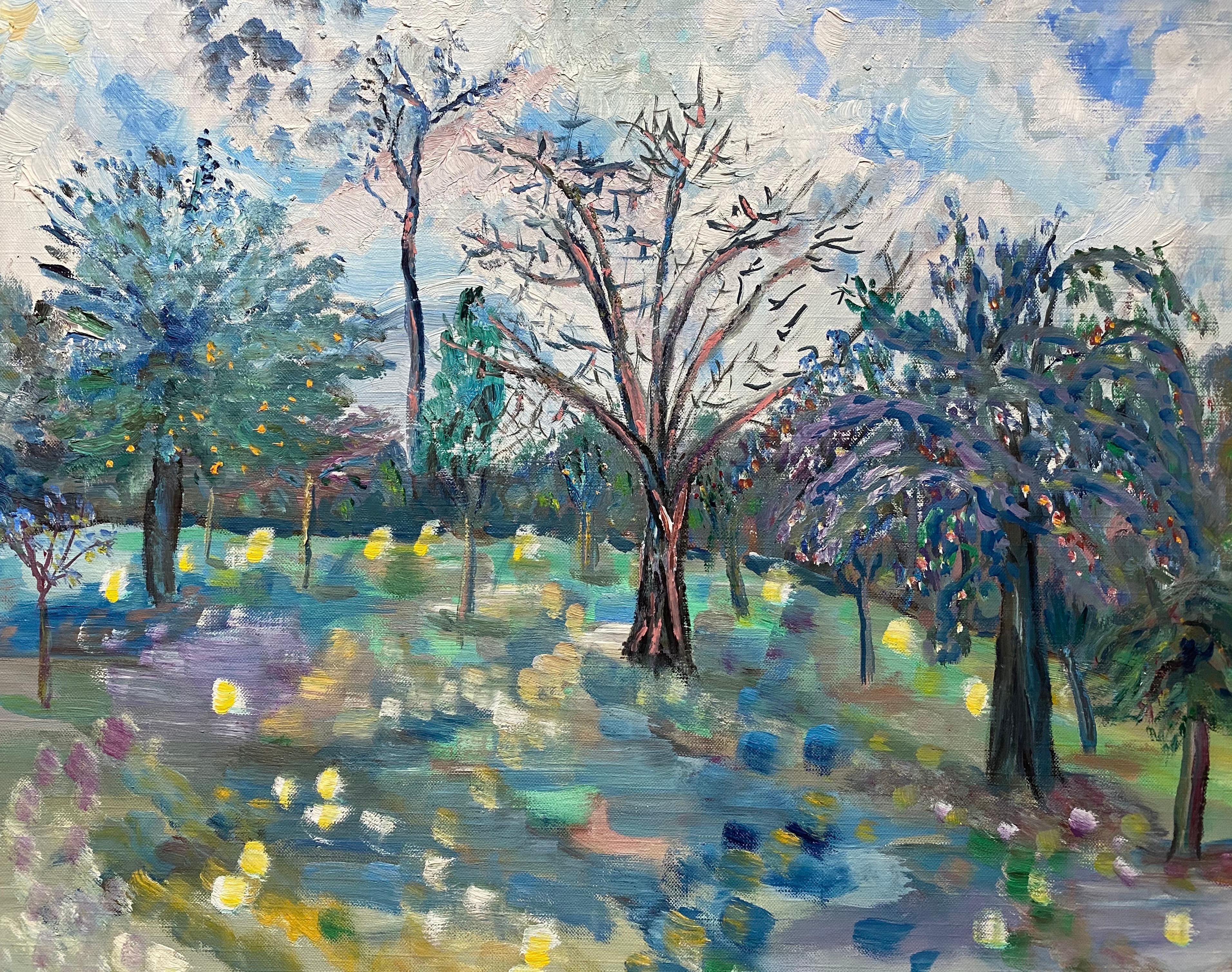 Landscape Painting de Unknown - Provenza Paisaje de Árboles Coloridos - Pintura al Óleo Original Impresionista Francesa