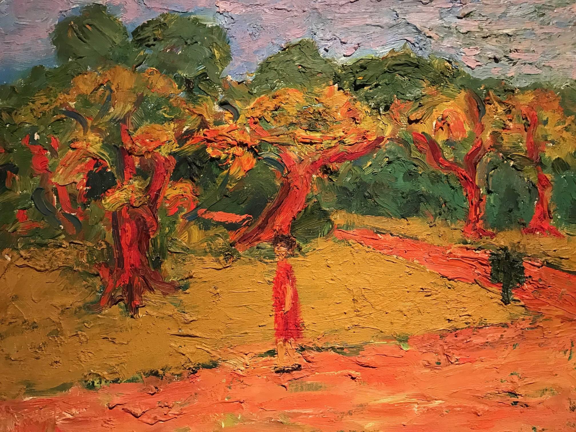 Unknown Landscape Painting – Provence, Frankreich. Lady Walking durch den Park.