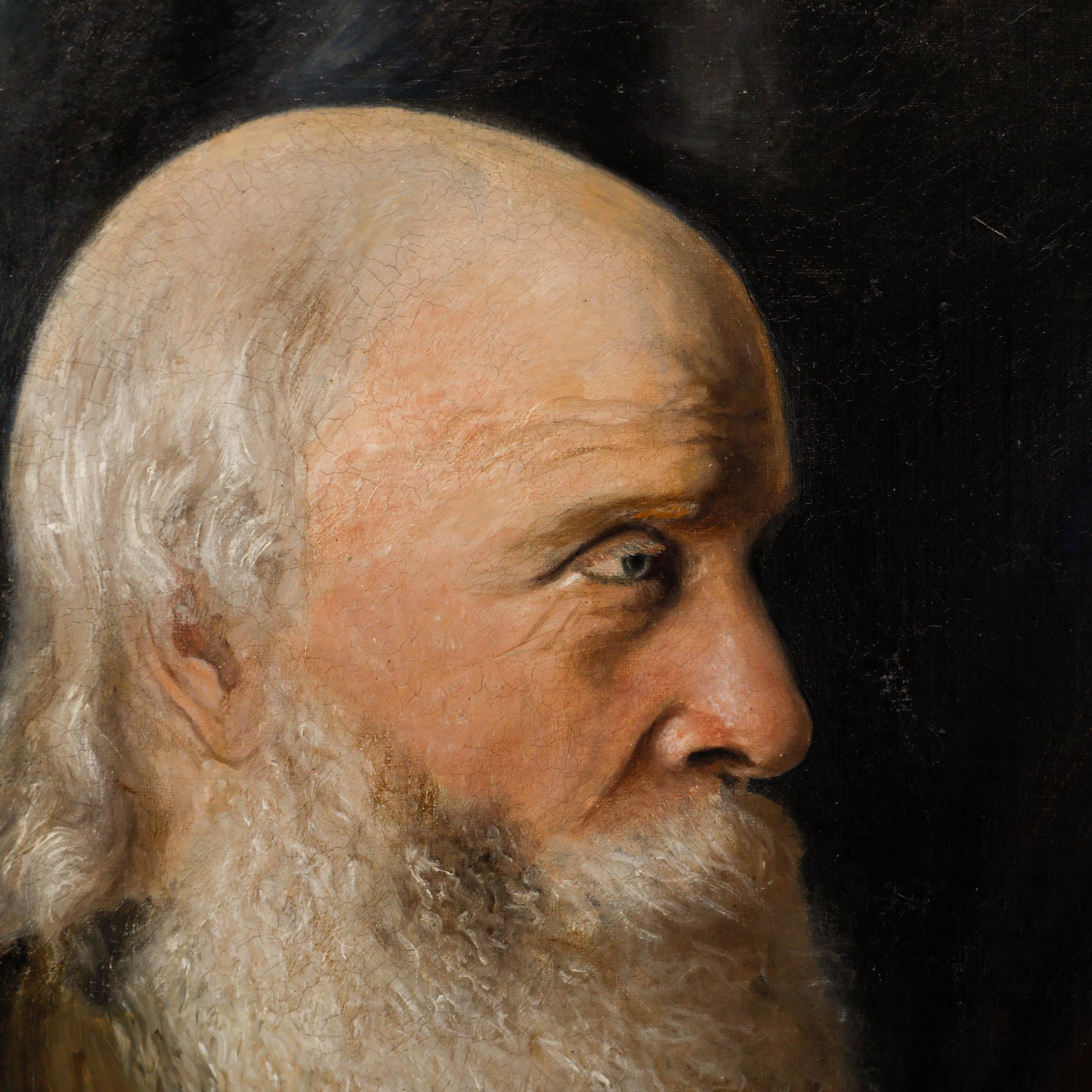 Un affascinante studio a olio di un signore barbuto di profilo su uno sfondo scuro. Firmato e datato in basso a destra. Presentato in una cornice dorata. Su tela appoggiata su tavola.