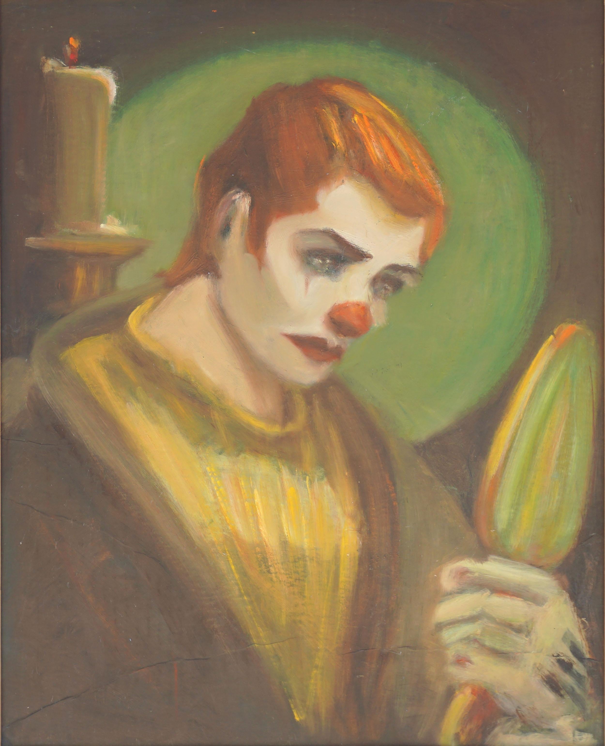 Pulp-Kunst – Trauriges Clown-Porträt mit grünem, gelbem und rotem Muster  – Painting von Unknown