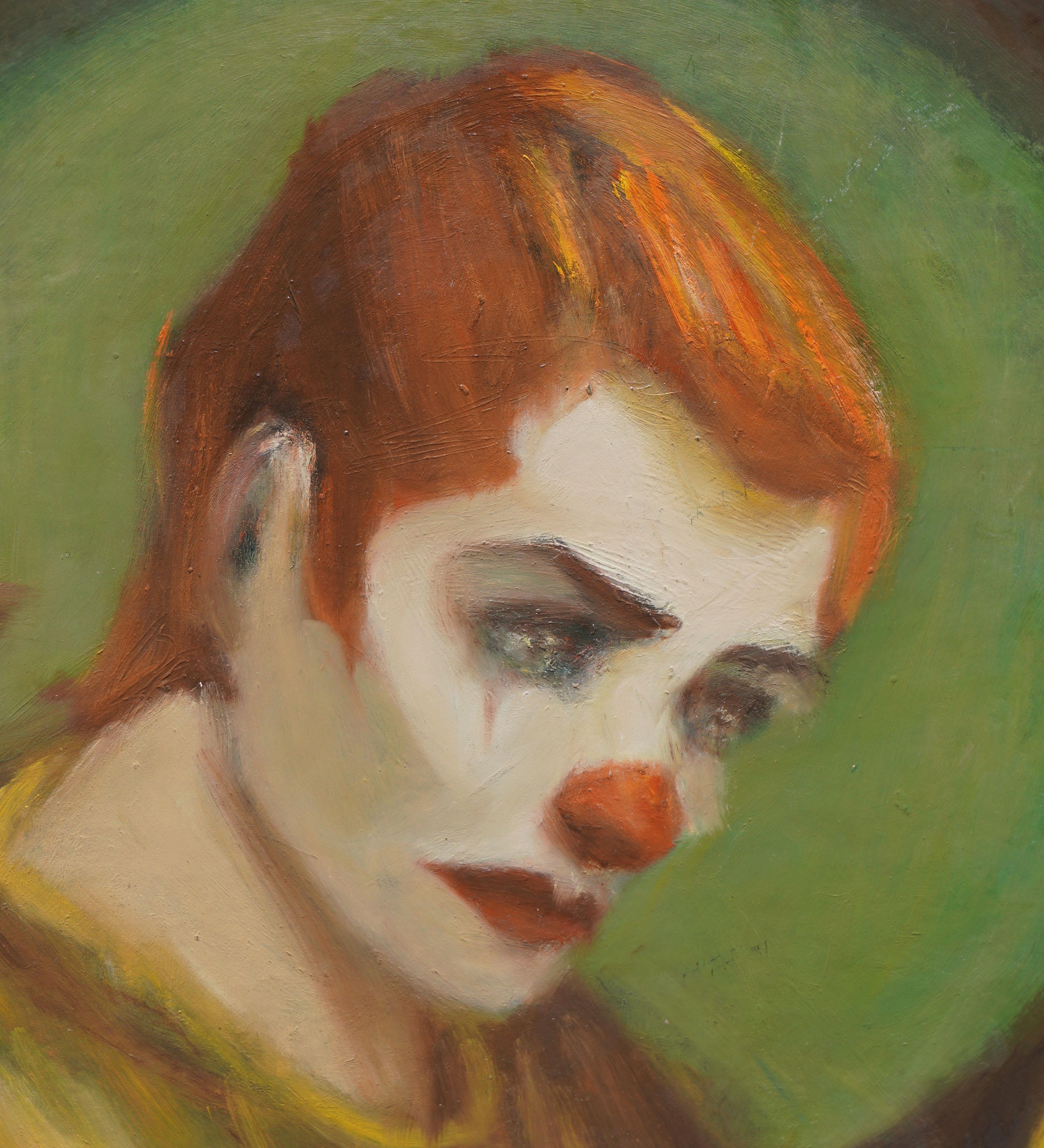 Pulp-Kunst – Trauriges Clown-Porträt mit grünem, gelbem und rotem Muster  (Art brut), Painting, von Unknown