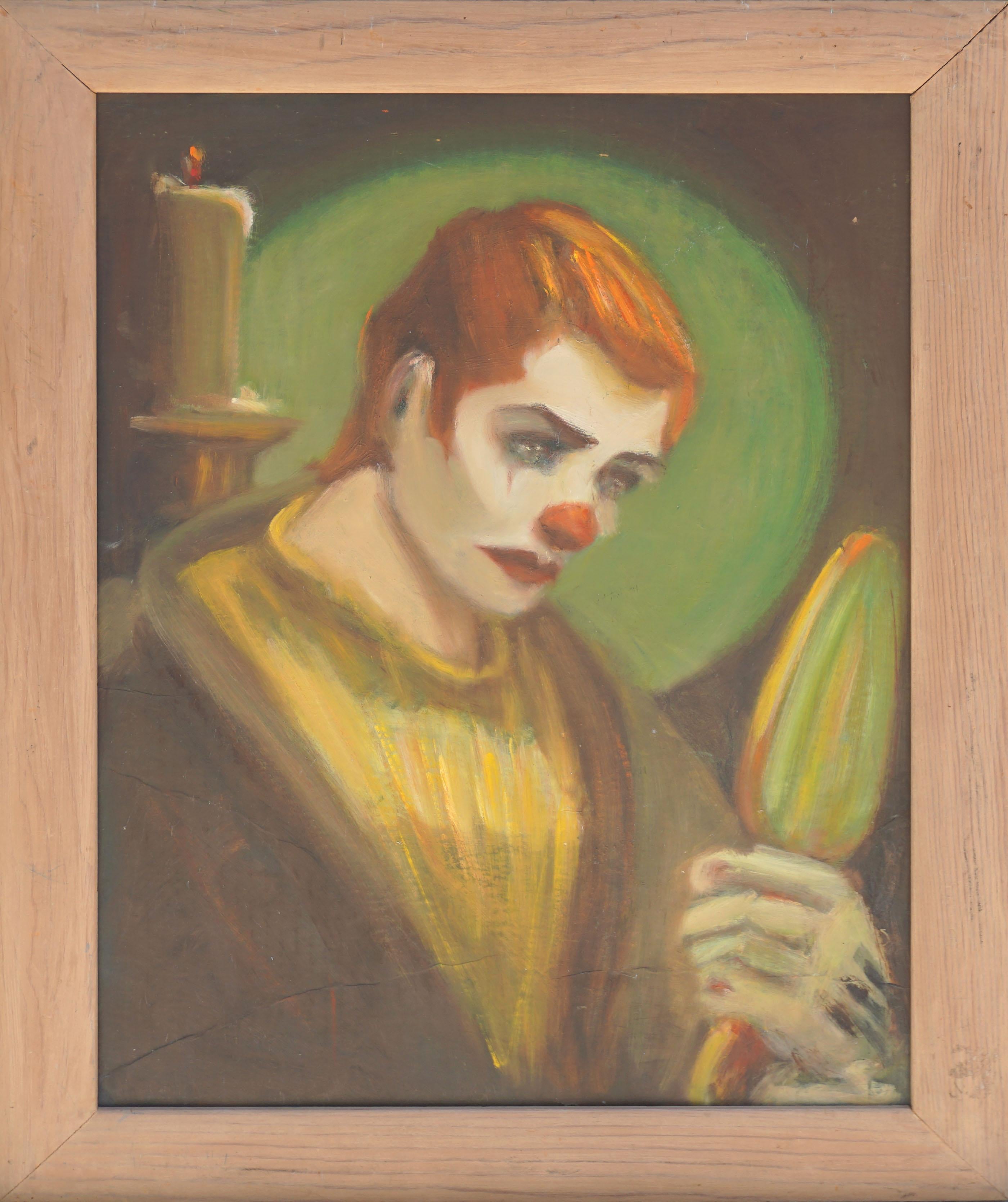 Mid Century Pulp Art - 1960s Sad Clown Portrait with Green, Yellow, & Red 