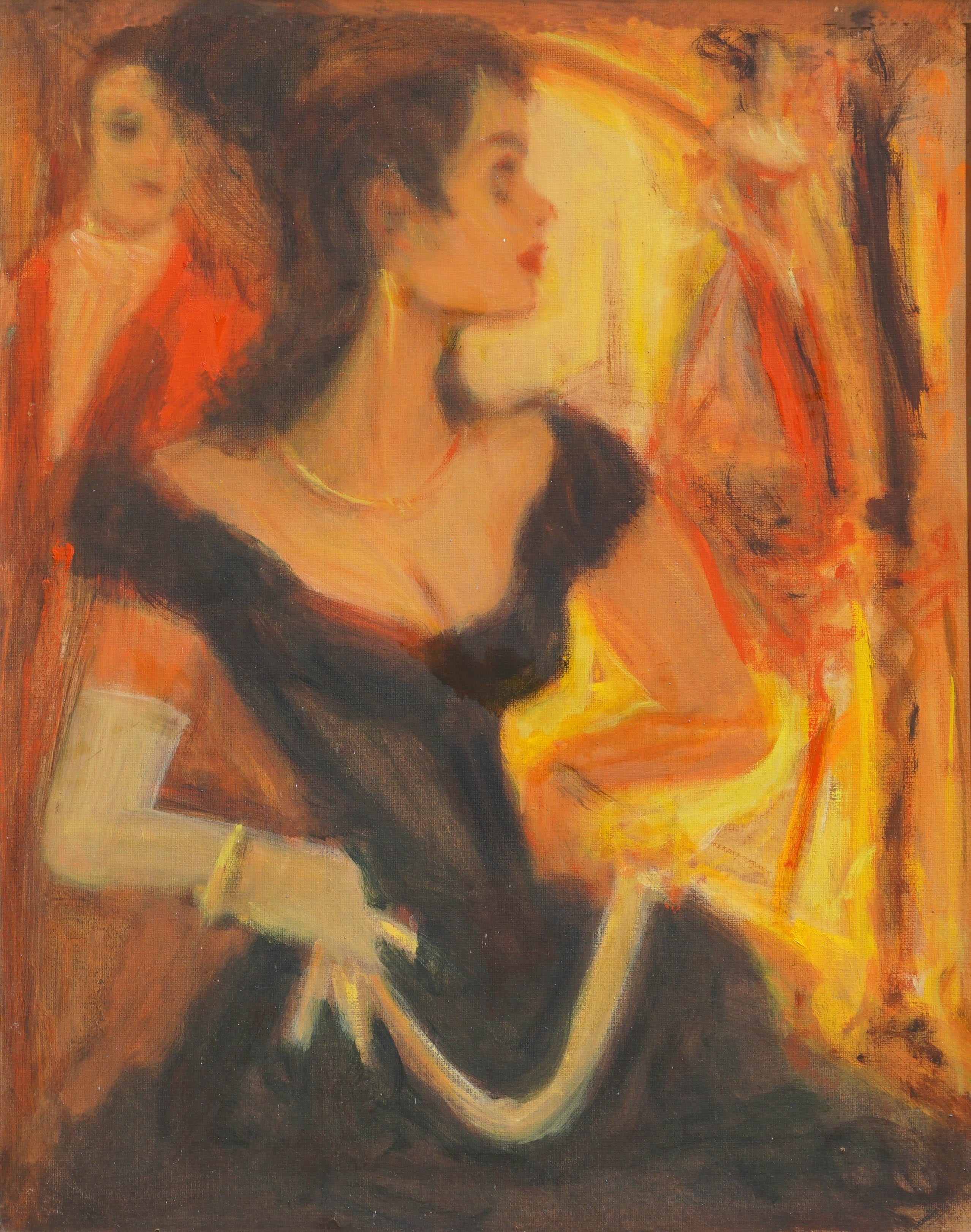 Frau in schwarzem Kleid Pulp Art Porträt/Zwiebel tanzend figurativ, 2 Seiten  – Painting von Unknown