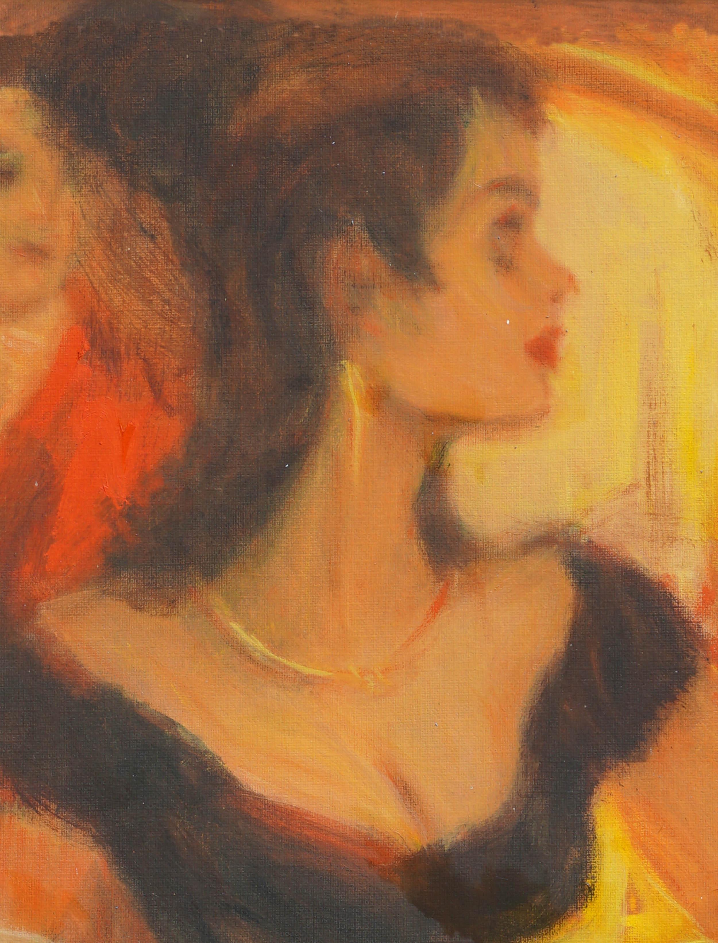 Frau in schwarzem Kleid Pulp Art Porträt/Zwiebel tanzend figurativ, 2 Seiten  (Amerikanischer Impressionismus), Painting, von Unknown
