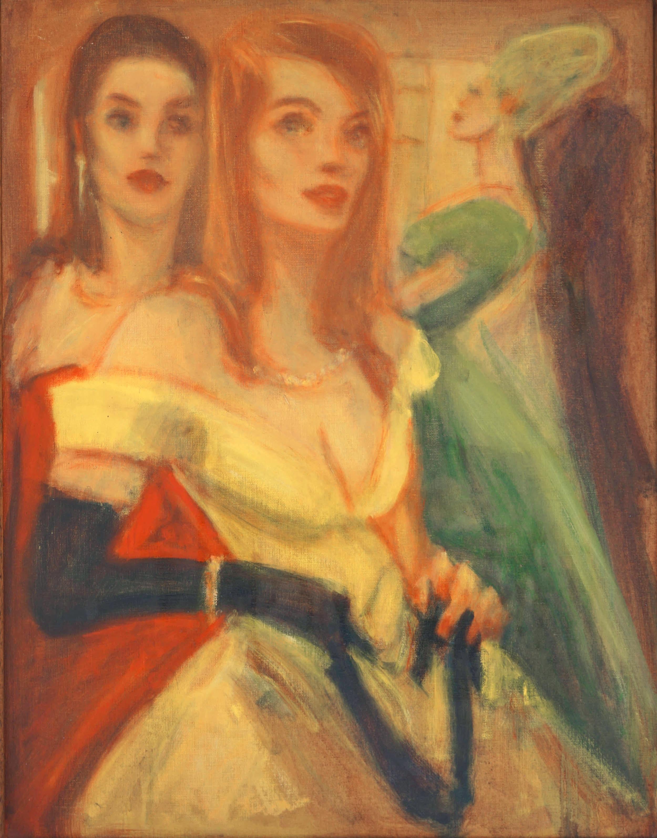 Pulp Art Figurative, Women at Party in Evening Dresses with Black Gloves 2 sided - Painting by Unknown