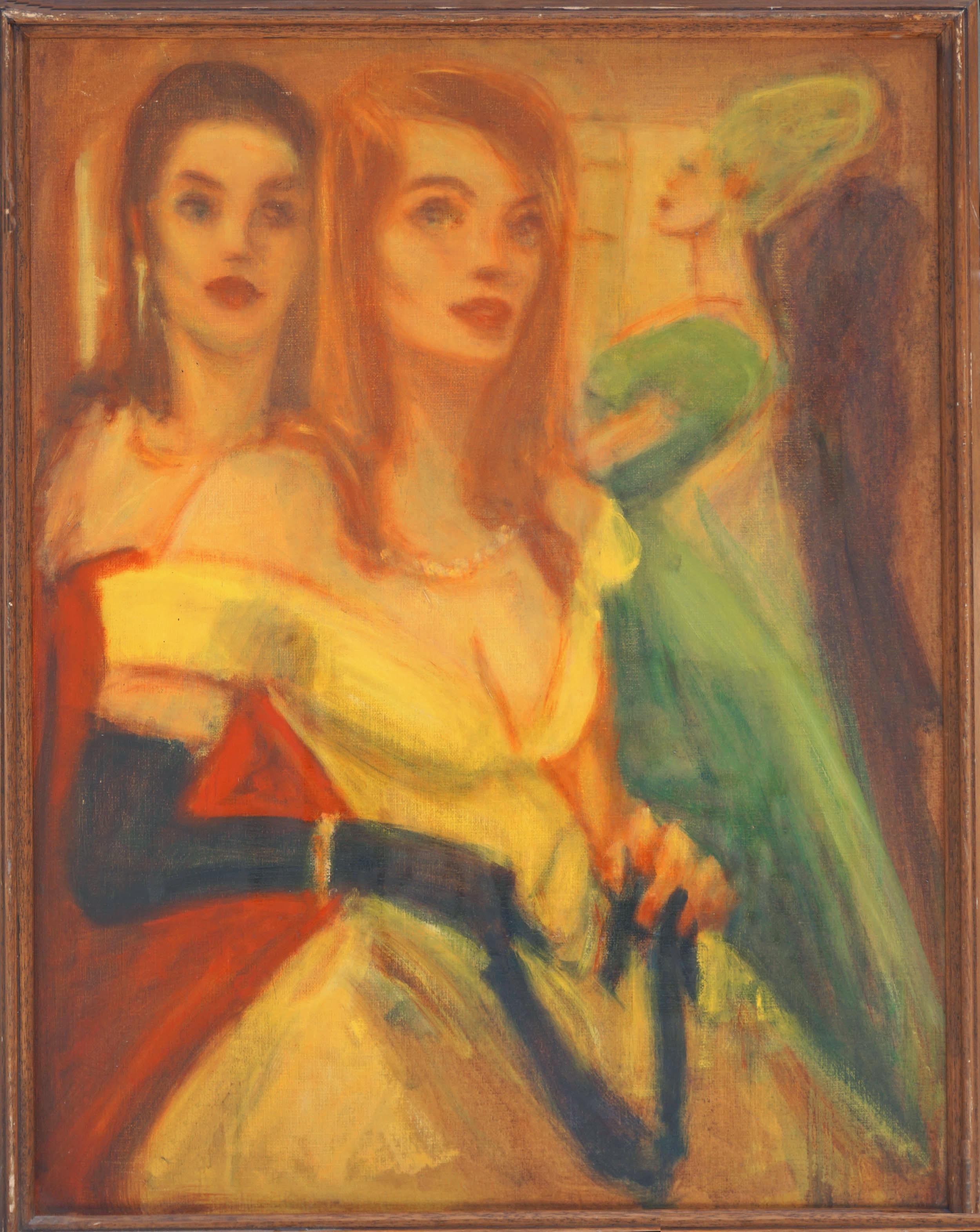 Unknown Figurative Painting - Pulp Art Figurative, Women at Party in Evening Dresses with Black Gloves 2 sided