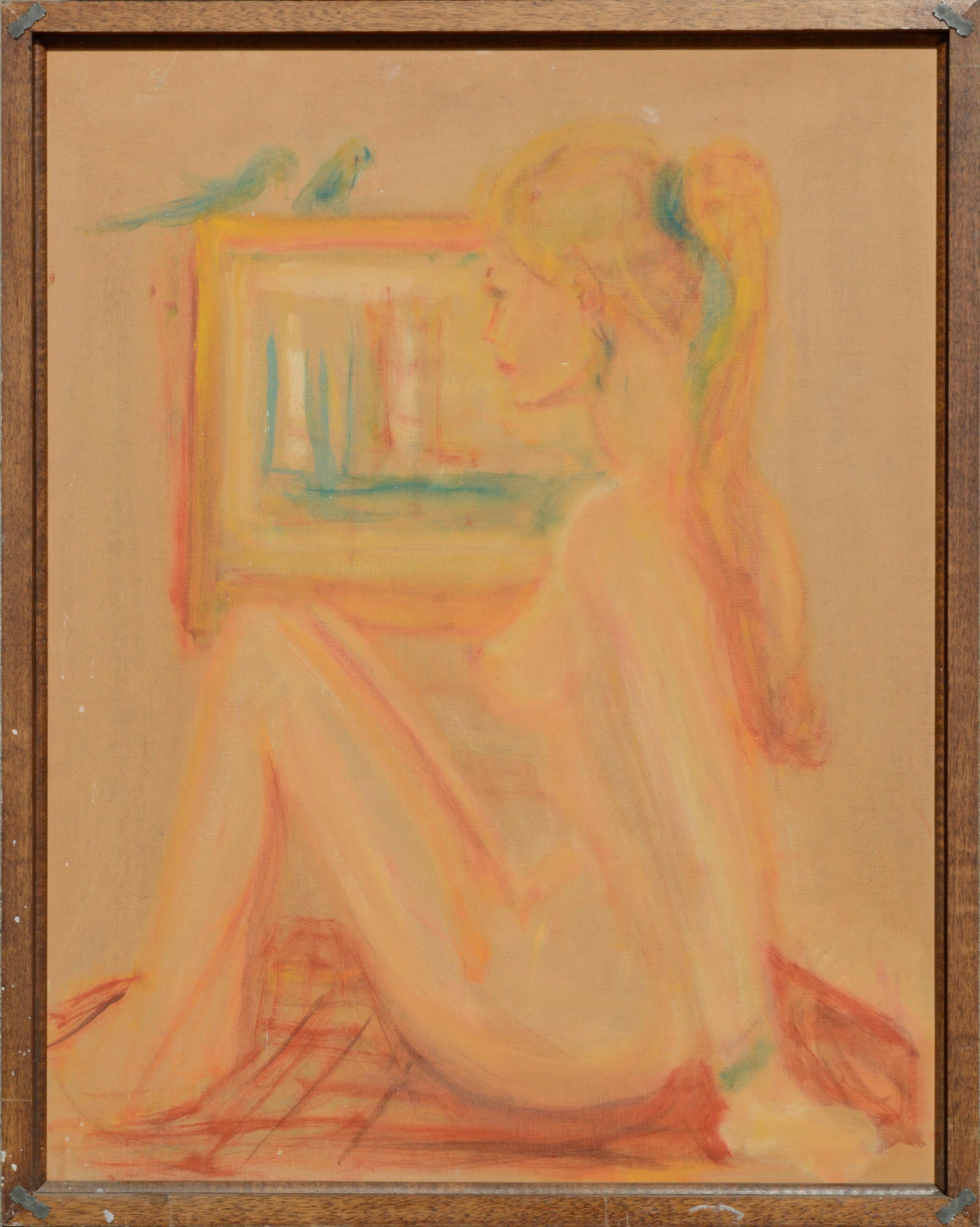 Portrait of a woman in a yellow dress at a gala event by an unknown California artist. There is a second, unfinished painting of a nude woman in front of a painting on verso. Acquired as part of Women with Gloves series. Presented in a simple wood