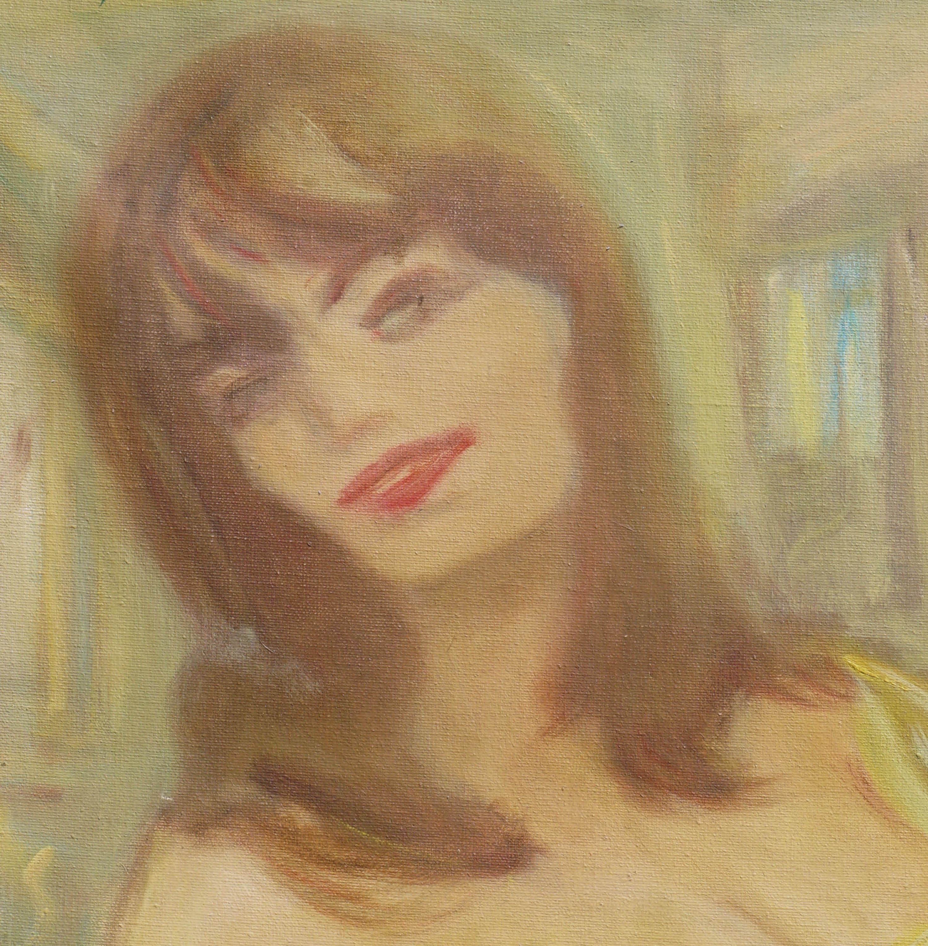 Femme en robe de soirée jaune, portrait figuratif Pulp Art moderne du milieu du siècle dernier - Painting de Unknown