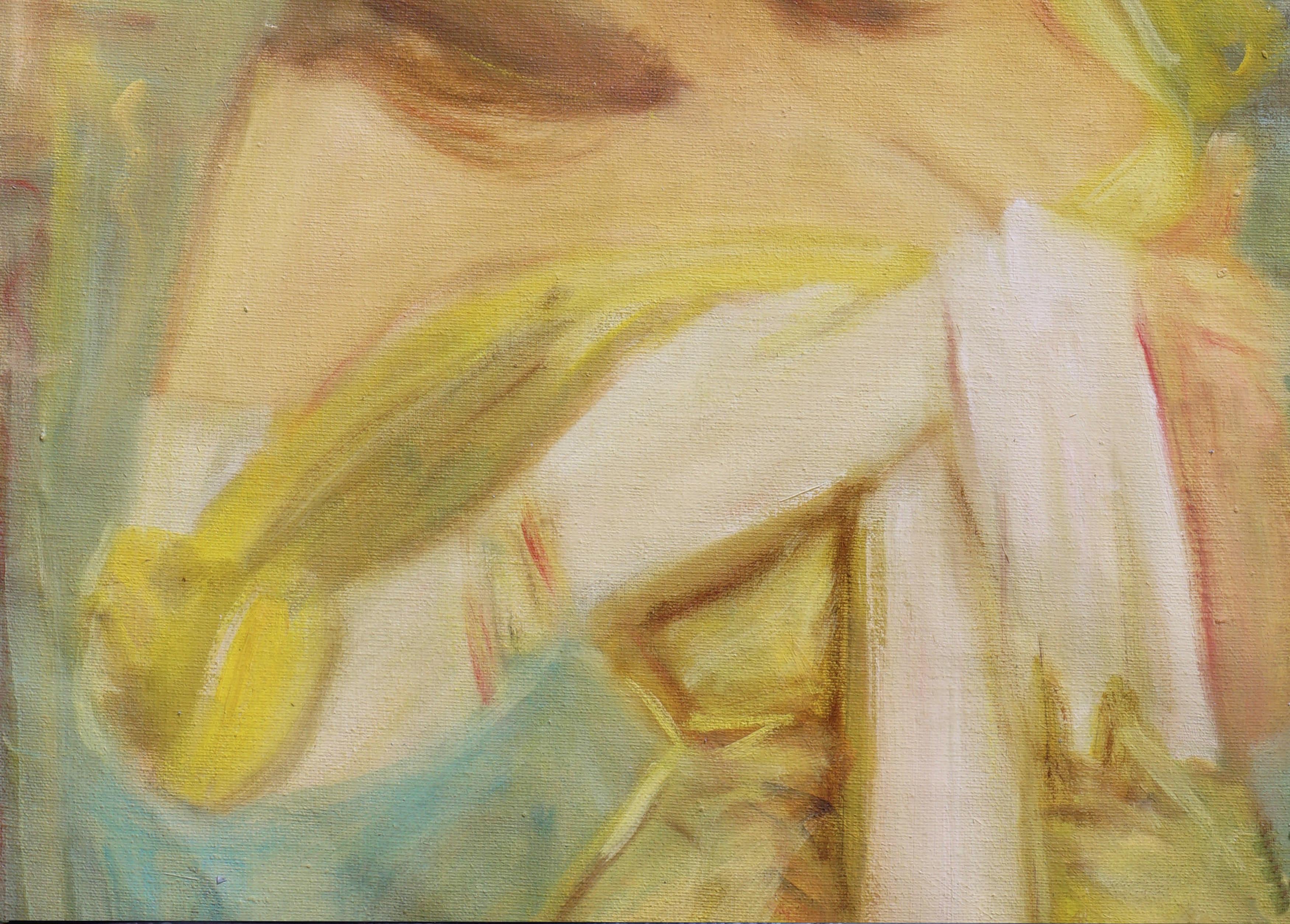 Donna in abito da sera giallo, ritratto figurativo Pulp Art della metà del secolo scorso - Painting Impressionismo americano di Unknown