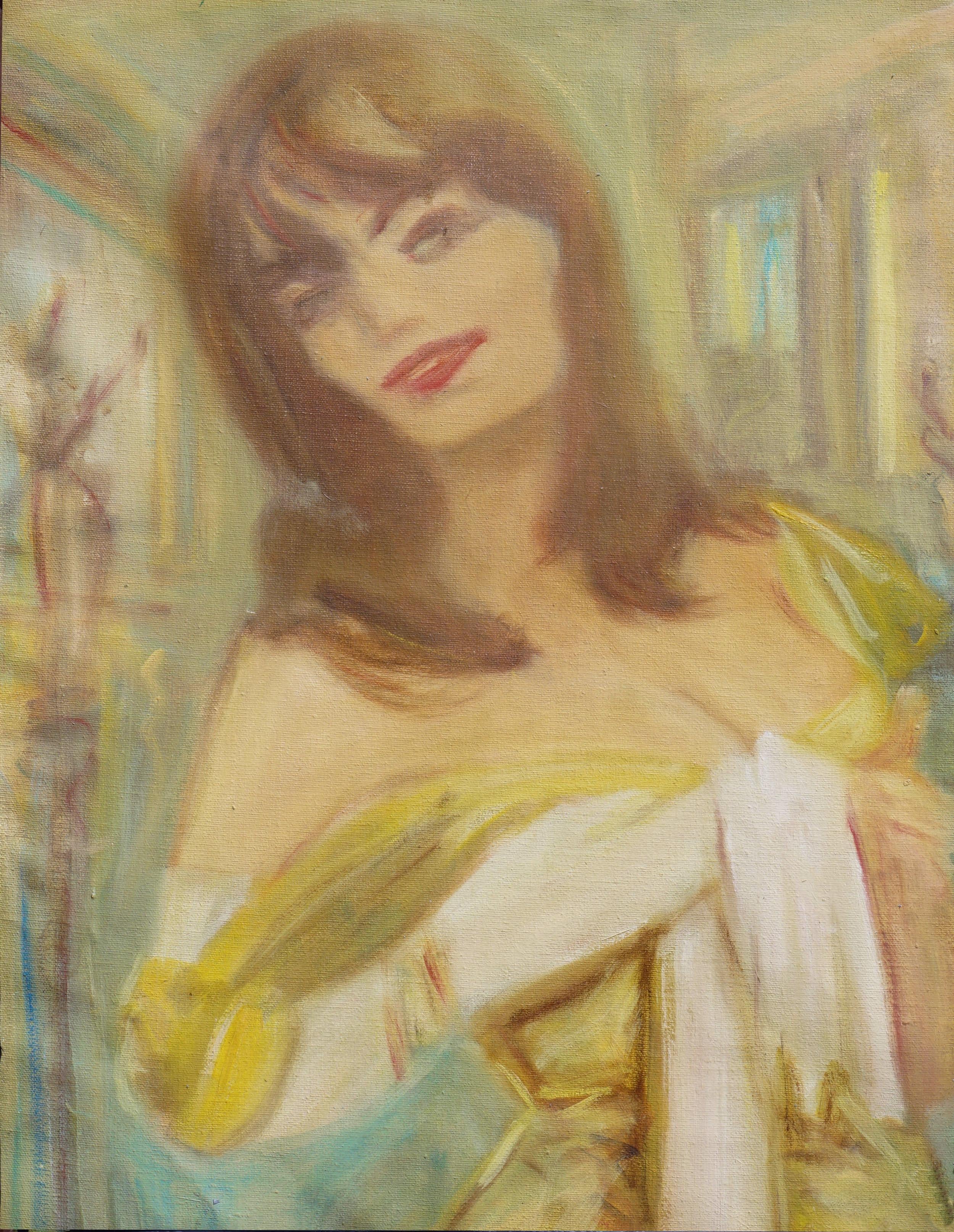 Mujer con vestido de noche amarillo, Retrato figurativo de arte pulp moderno de mediados de siglo