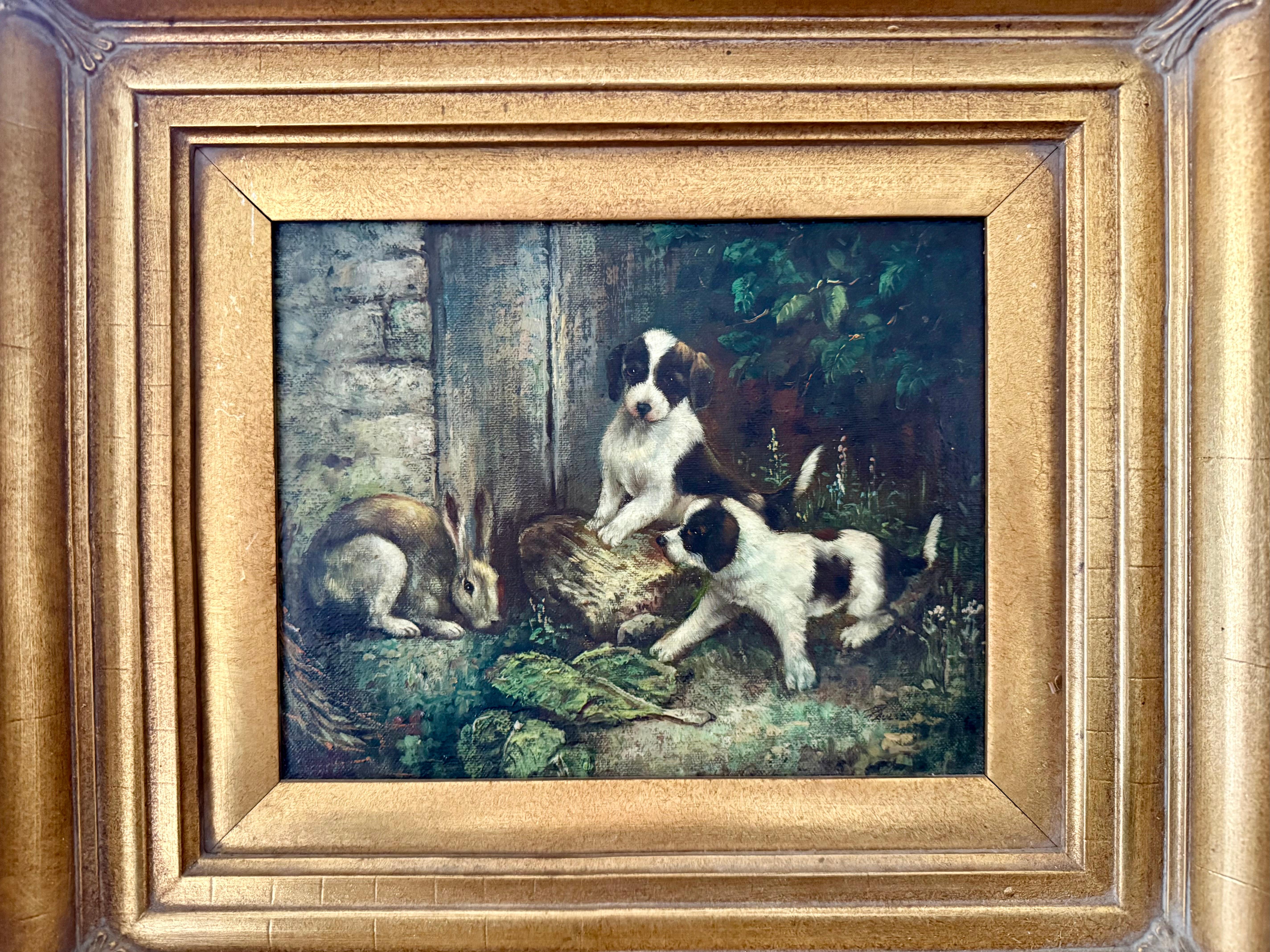 Cachorros y conejo en el jardín, óleo vintage sobre lienzo - Painting de Unknown